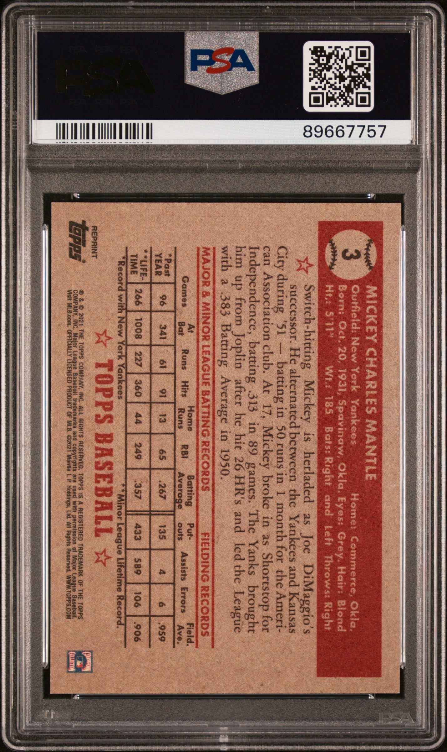 Graded 2021 Topps X Mantle Mickey Mantle #3 Rookie Reprint Baseball Card PSA 9 Mint