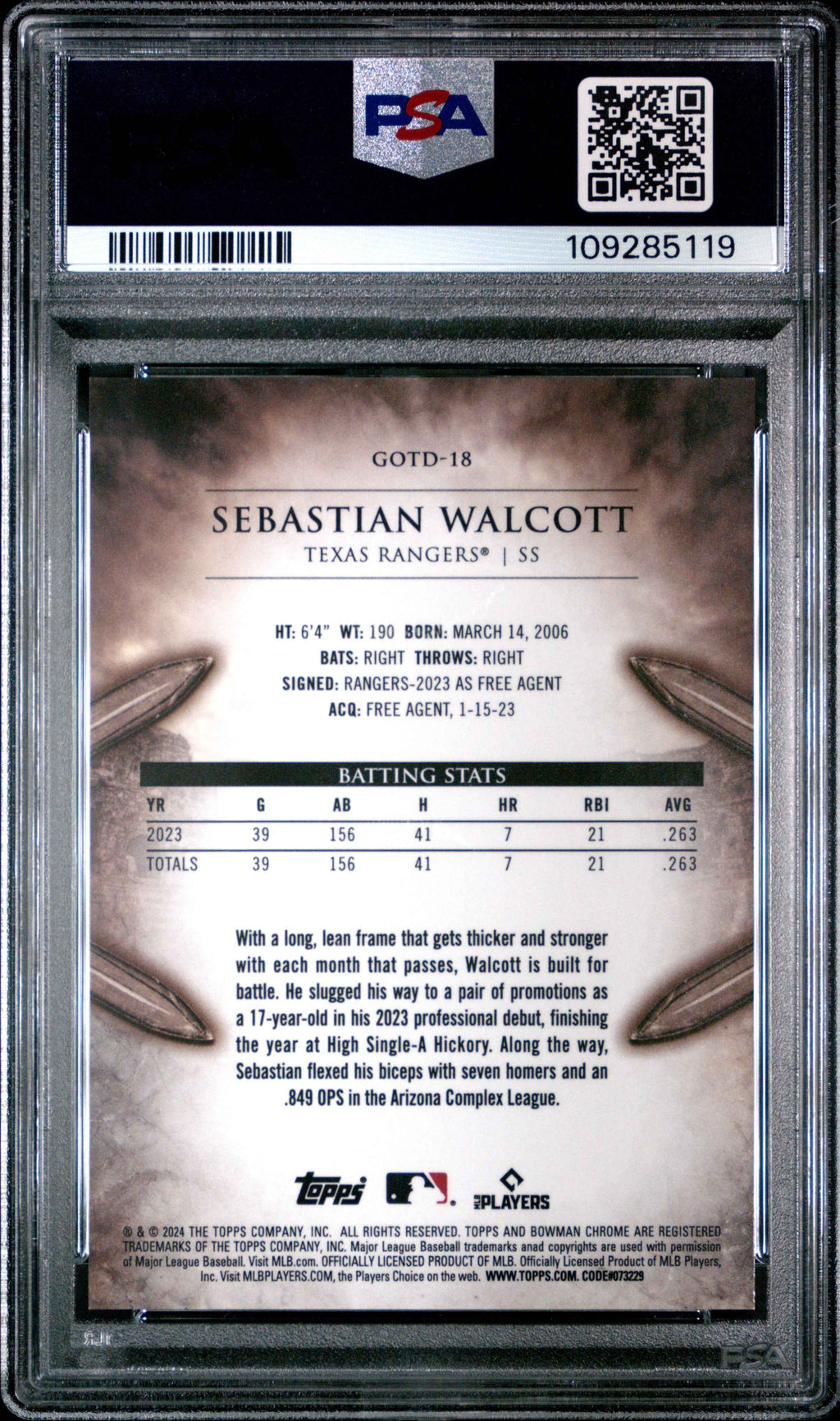 Graded 2024 Topps Bowman Sebastian Walcott #GOTD18 Gladiators of the Diamond Rookie RC Baseball Card PSA 10 Gem Mint