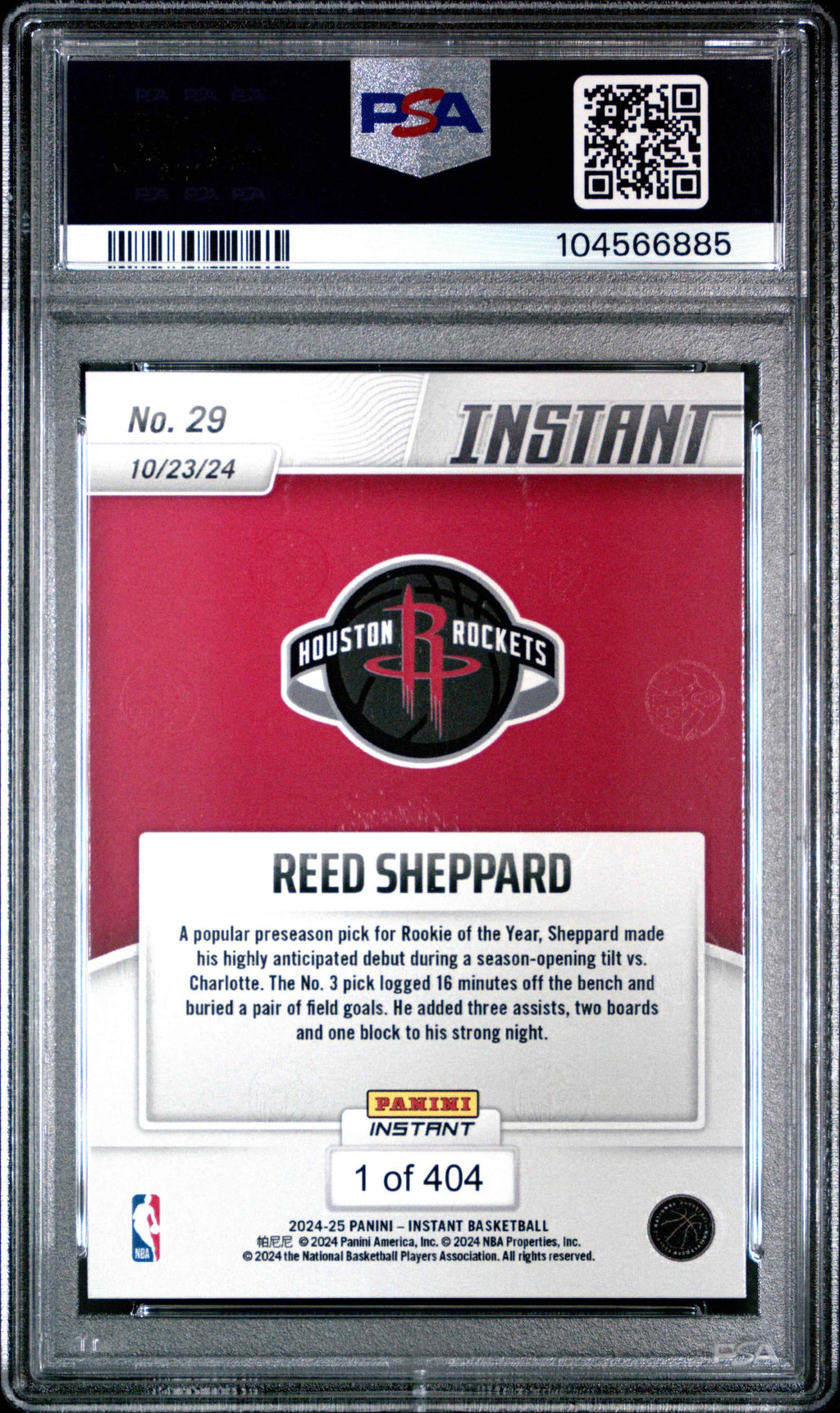 Graded 2024 Panini Instant NBA Reed Sheppard #29 Rookie RC Basketball Card PSA 10 Gem Mint