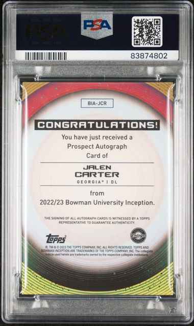 Graded 2022 Topps Bowman U Inception Jalen Carter #JCR Rookie RC Football Card PSA 10 Auto/Card Grade Gem Mint