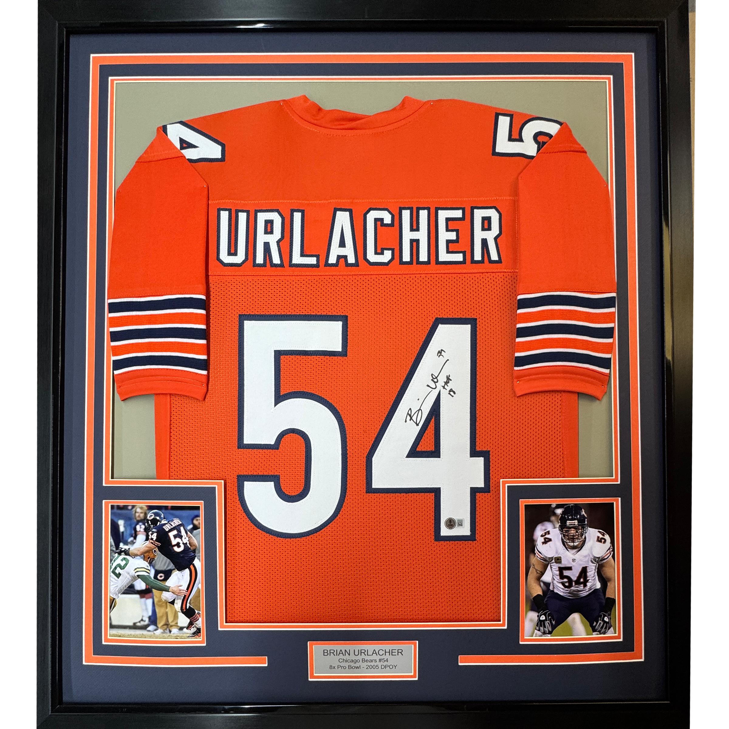 Framed Autographed/Signed Brian Urlacher 35x39 HOF 18 Chicago Orange Football Jersey Beckett BAS COA