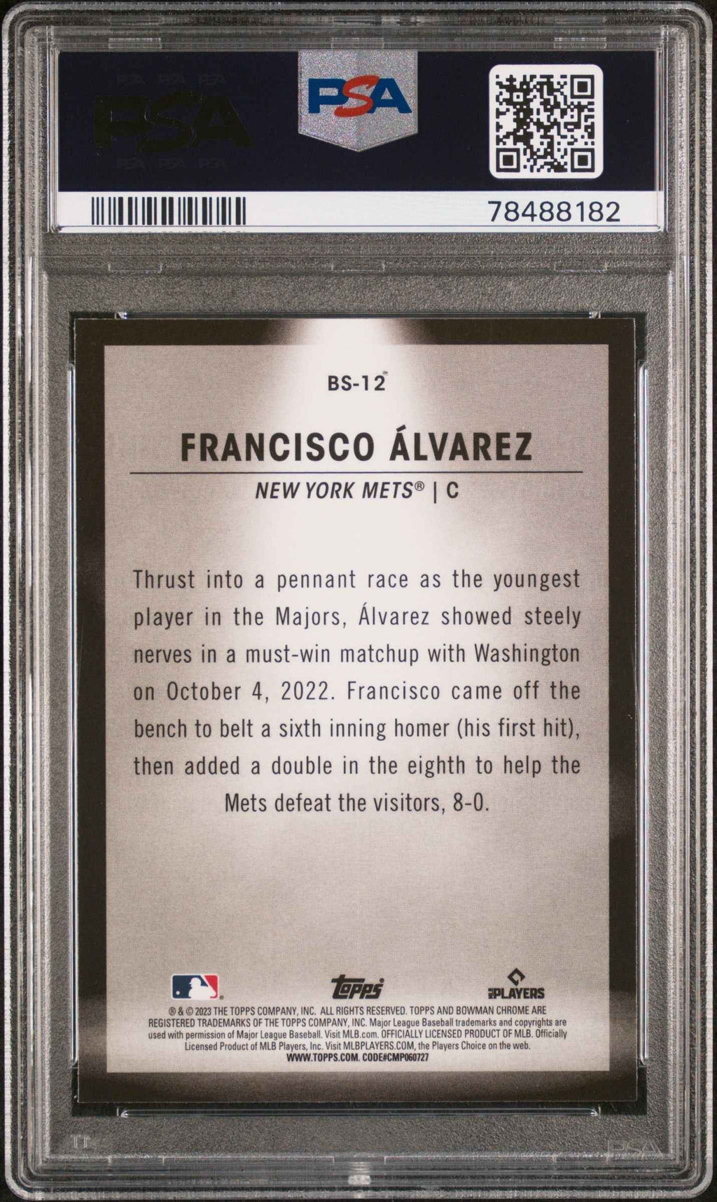 Graded 2023 Topps Bowman Francisco Alvarez #BS12 Spotlights Rookie RC Baseball Card PSA 10 Gem Mint