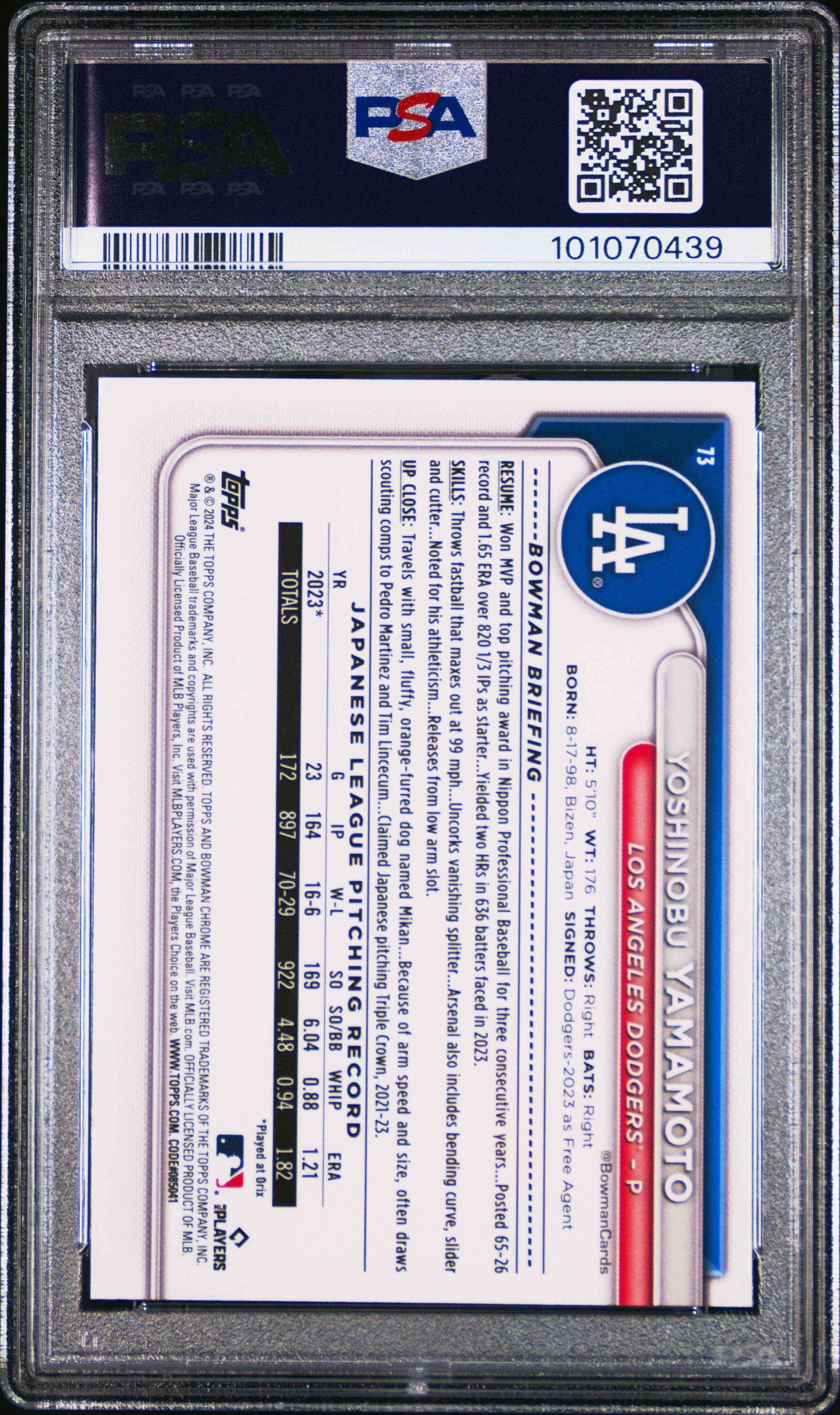 Graded 2024 Topps Bowman Chrome Yoshinobu Yamamoto #73 Rookie RC Baseball Card PSA 10 Gem Mint