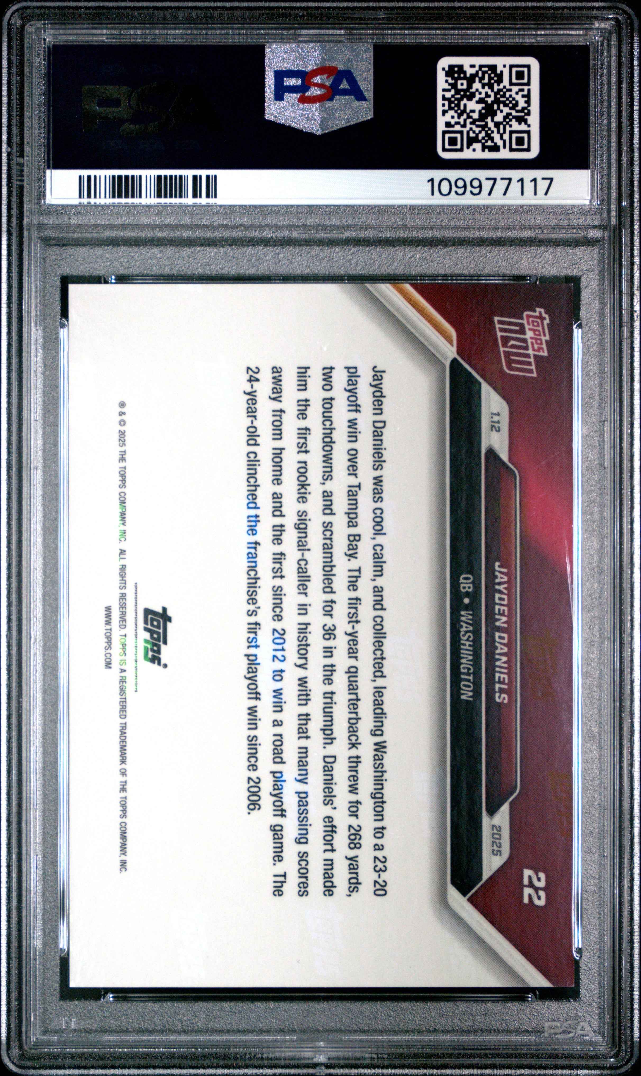 Graded 2024 Topps Now Jayden Daniels #22 Purple /25 Rookie RC Football Card PSA 9 Mint