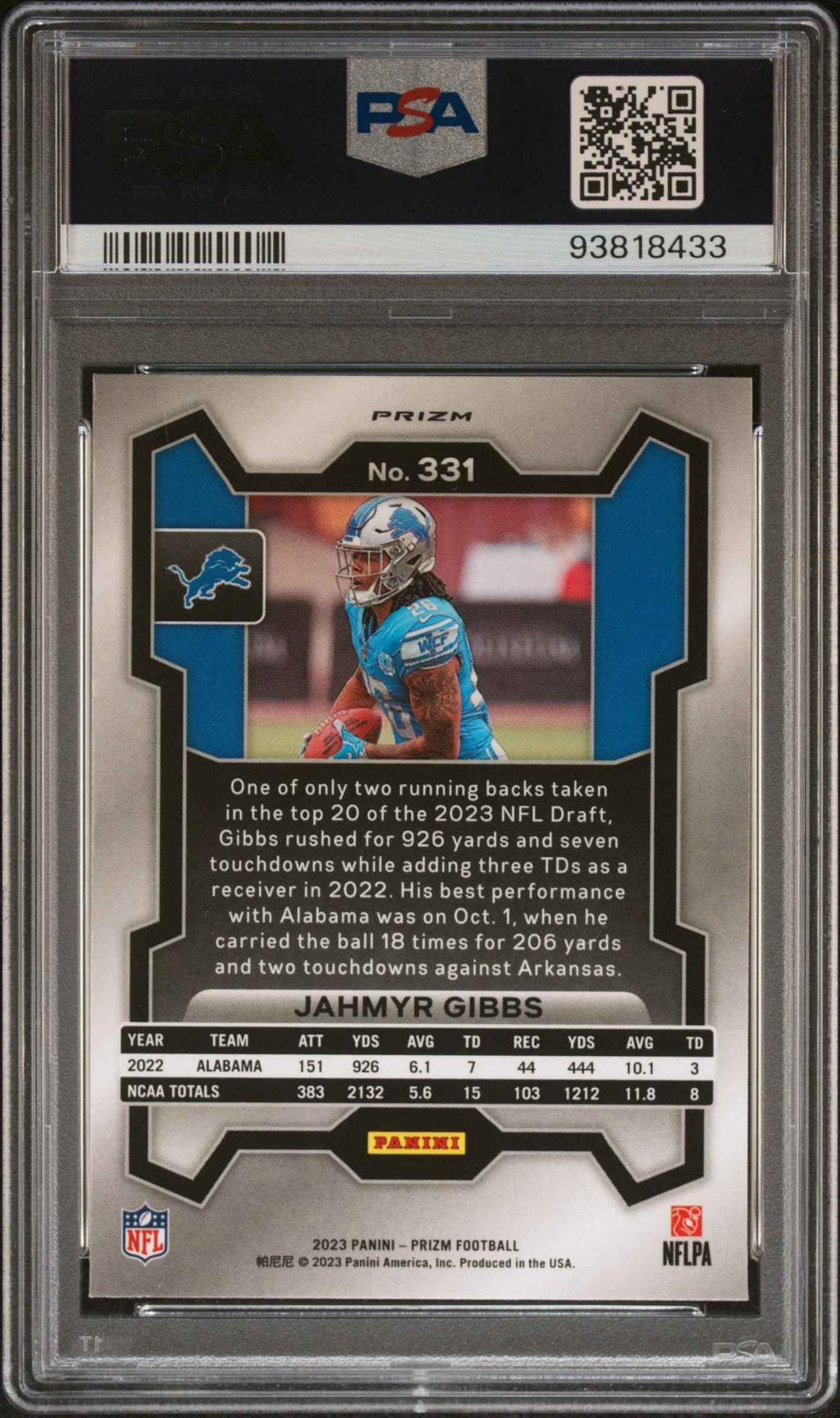 Graded 2023 Panini Prizm Jahmyr Gibbs #331 Red/White/Blue Prizm Rookie RC Football Card PSA 10 Gem Mint