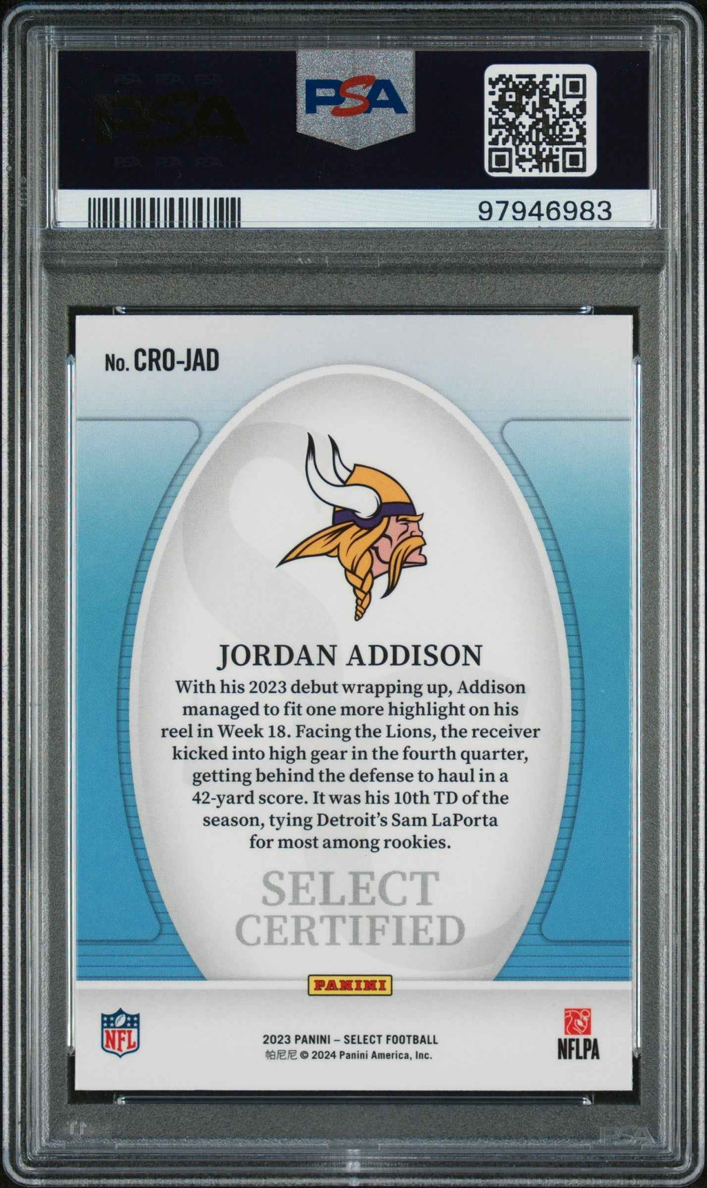 Graded 2023 Panini Select Jordan Addison #CROJAD Certified Rookies Rookie RC Football Card PSA 10 Gem Mint