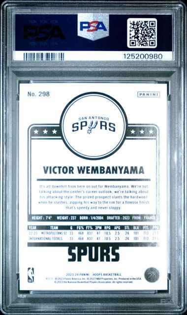 Graded 2023 Panini Hoops Victor Wembanyama #298 Hyper Blue Rookie RC Basketball Card PSA 10 Gem Mint