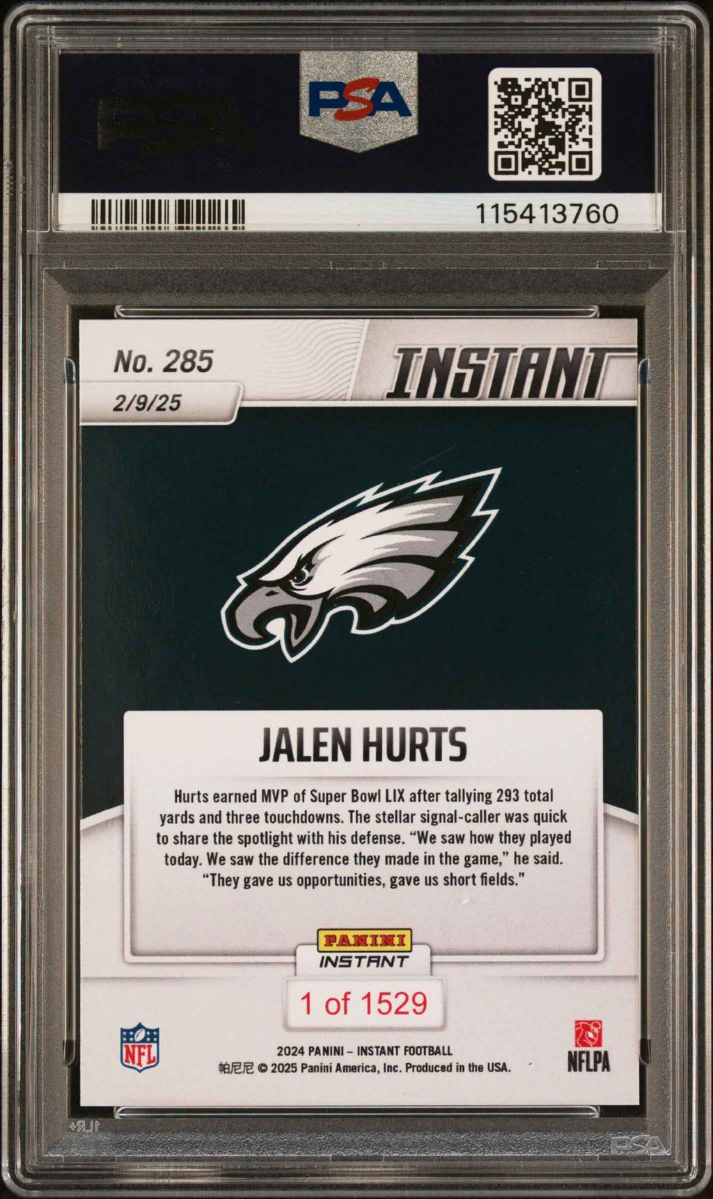 Graded 2024 Panini Instant NFL Jalen Hurts #285 Football Card PSA 10 Gem Mint