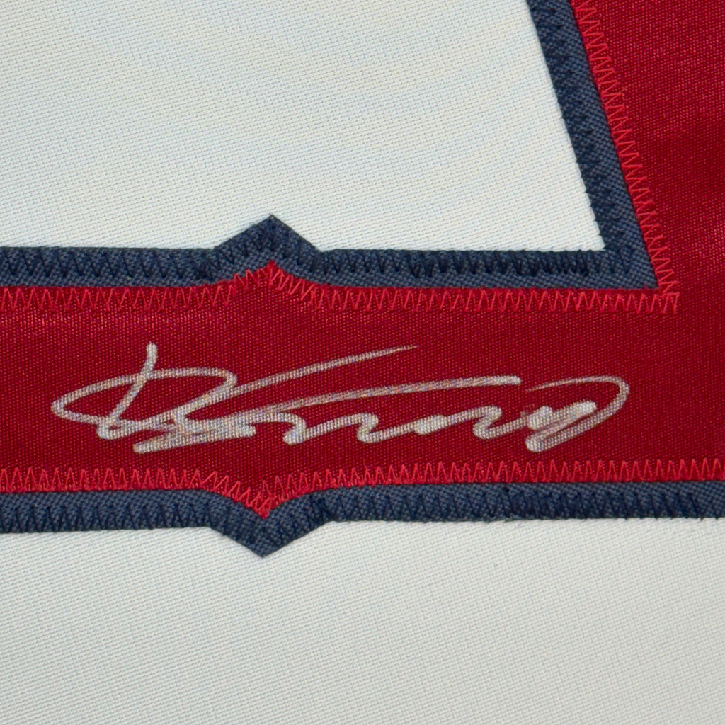 Framed Autographed/Signed Vladimir Vlad Guerrero 35x39 Los Angeles LA Anaheim White Baseball Jersey Beckett BAS COA