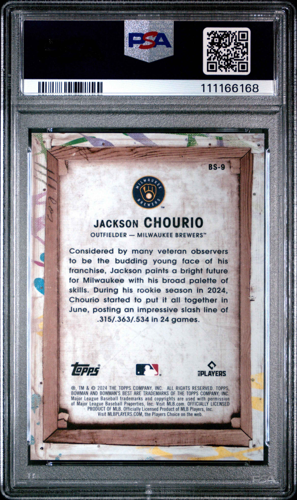 Graded 2024 Topps Bowmans Best Jackson Chourio #BS9 Bowman Showpieces Rookie RC Baseball Card PSA 10 Gem Mint