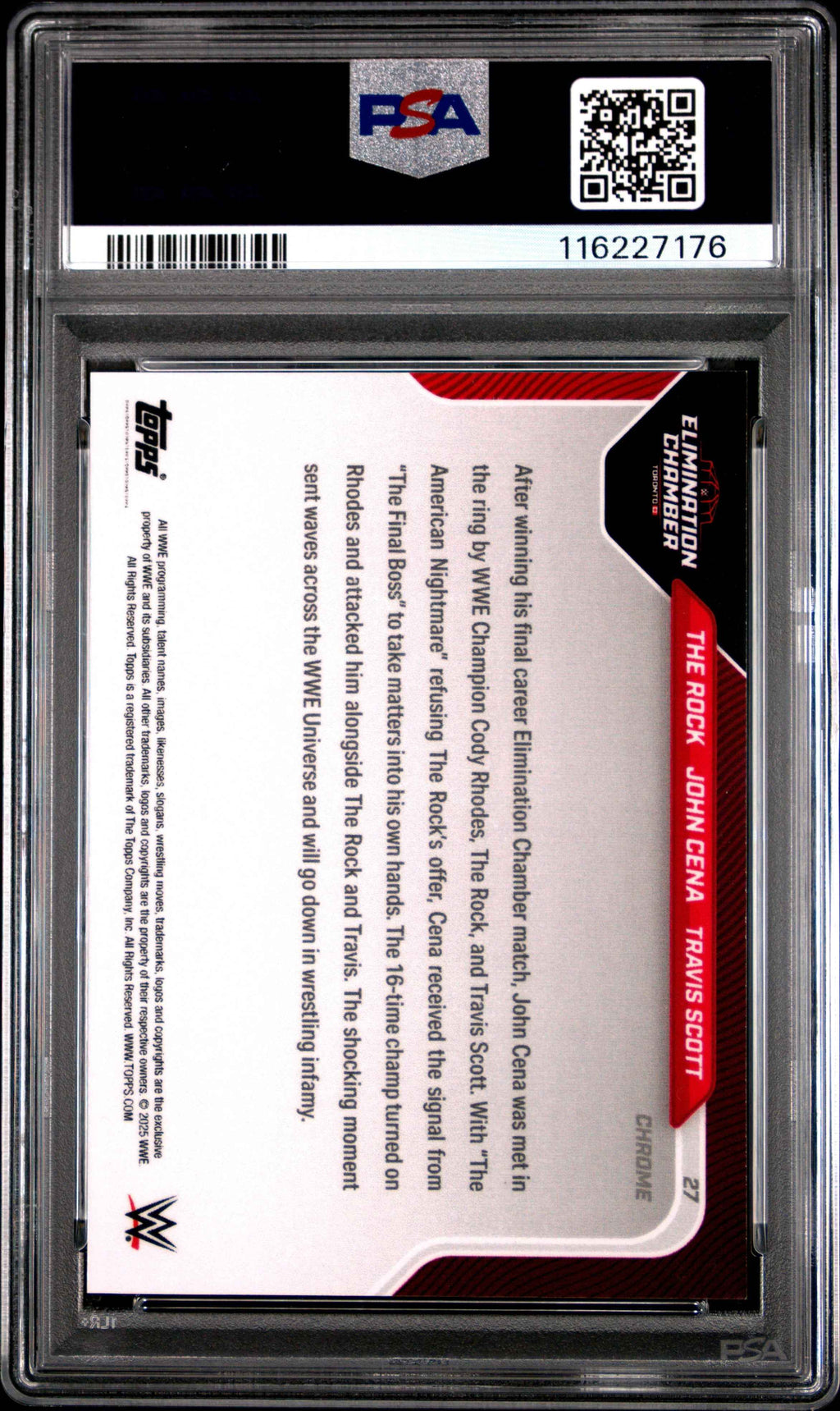 Graded 2025 Topps Now WWE The Rock John Cena Travis Scott #27 Chrome Green Refractor /99 Wrestling Card PSA 8 Near Mint