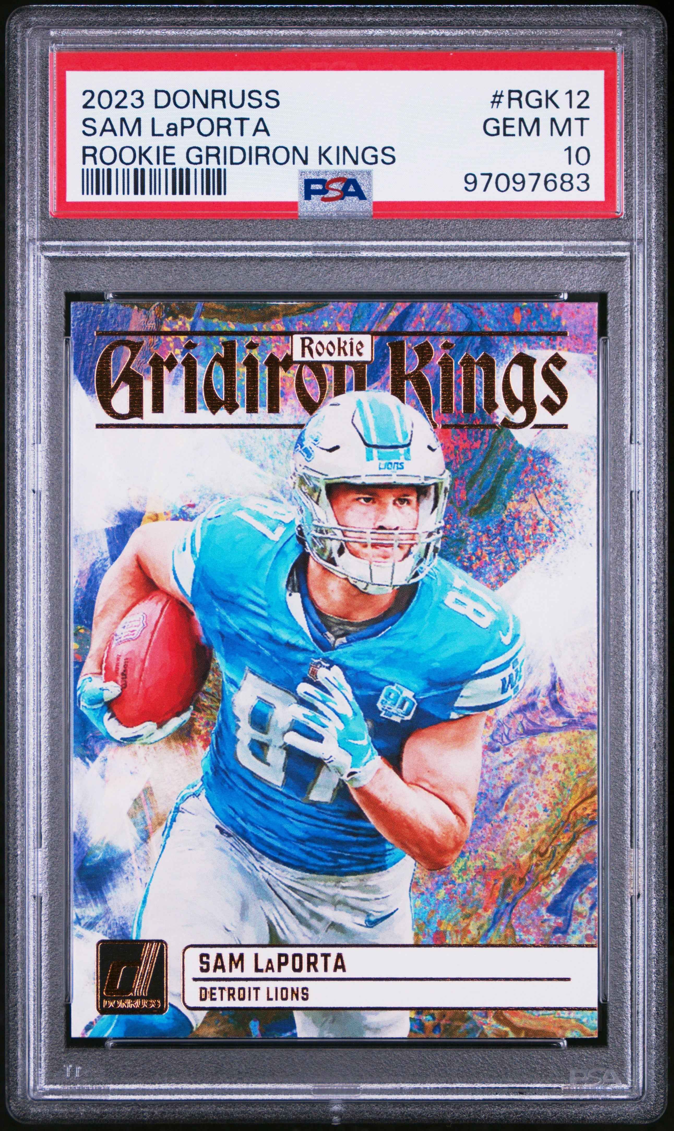 Graded 2023 Panini Donruss Sam LaPorta #RGK12 Rookie Gridiron Kings Rookie RC Football Card PSA 10 Gem Mint