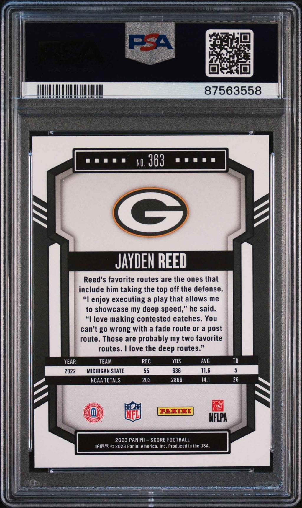 Graded 2023 Panini Score Jayden Reed #363 Rookie RC Football Card PSA 10 Gem Mint