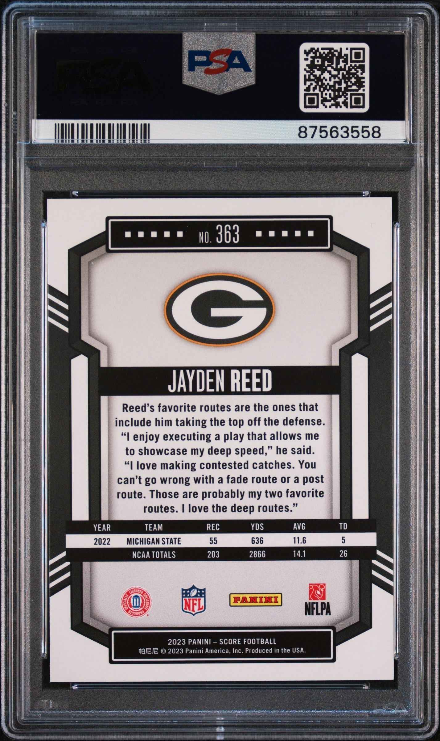 Graded 2023 Panini Score Jayden Reed #363 Rookie RC Football Card PSA 10 Gem Mint