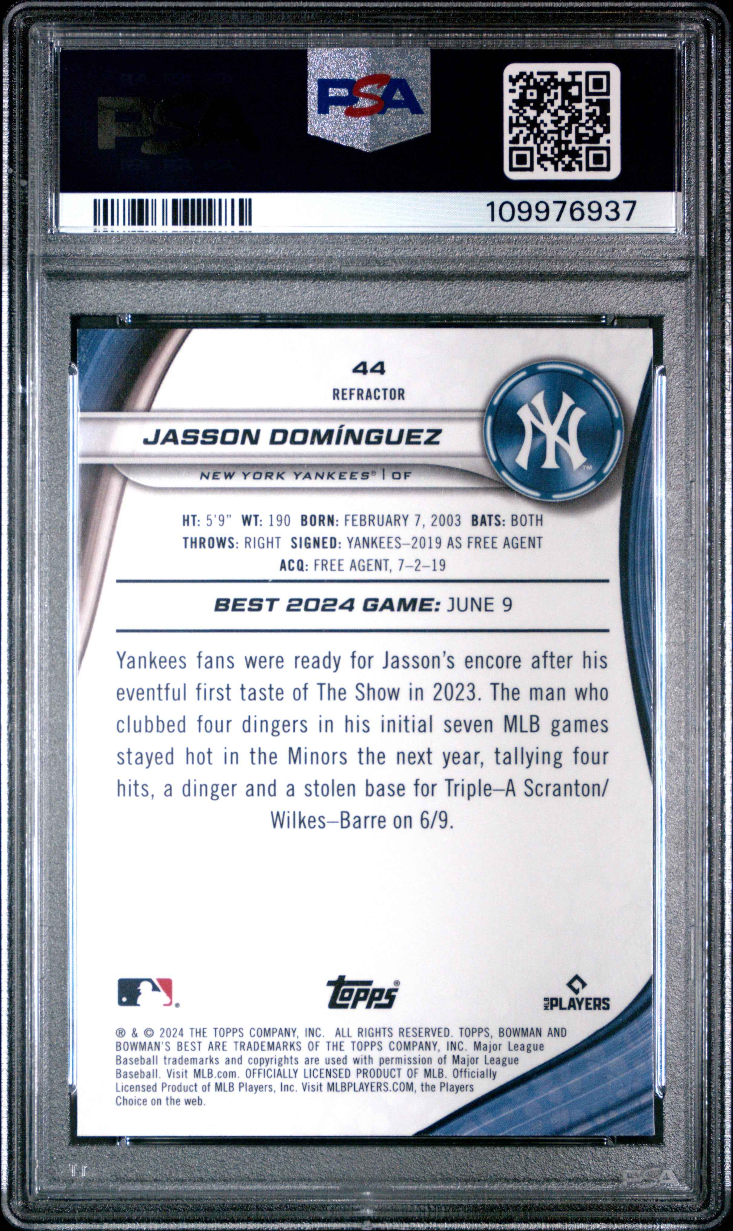 Graded 2024 Topps Bowmans Best Jasson Dominguez #44 Refractor Rookie RC Baseball Card PSA 10 Gem Mint