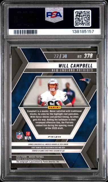 Graded 2025 Panini Mosaic Will Campbell #378 /30 Pink Spectris FOTL Auto Rookie RC Football Card PSA 9 Mint