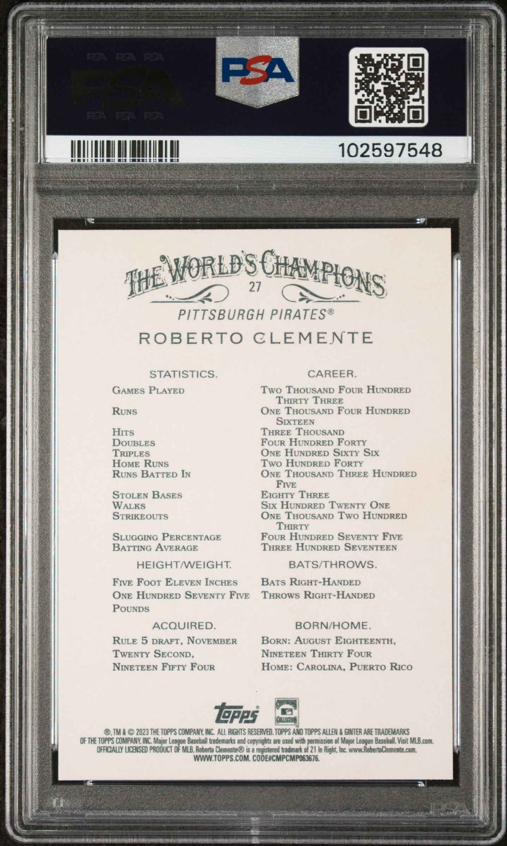 Graded 2023 Topps Allen & Ginter Roberto Clemente #27 Baseball Card PSA 9 Mint