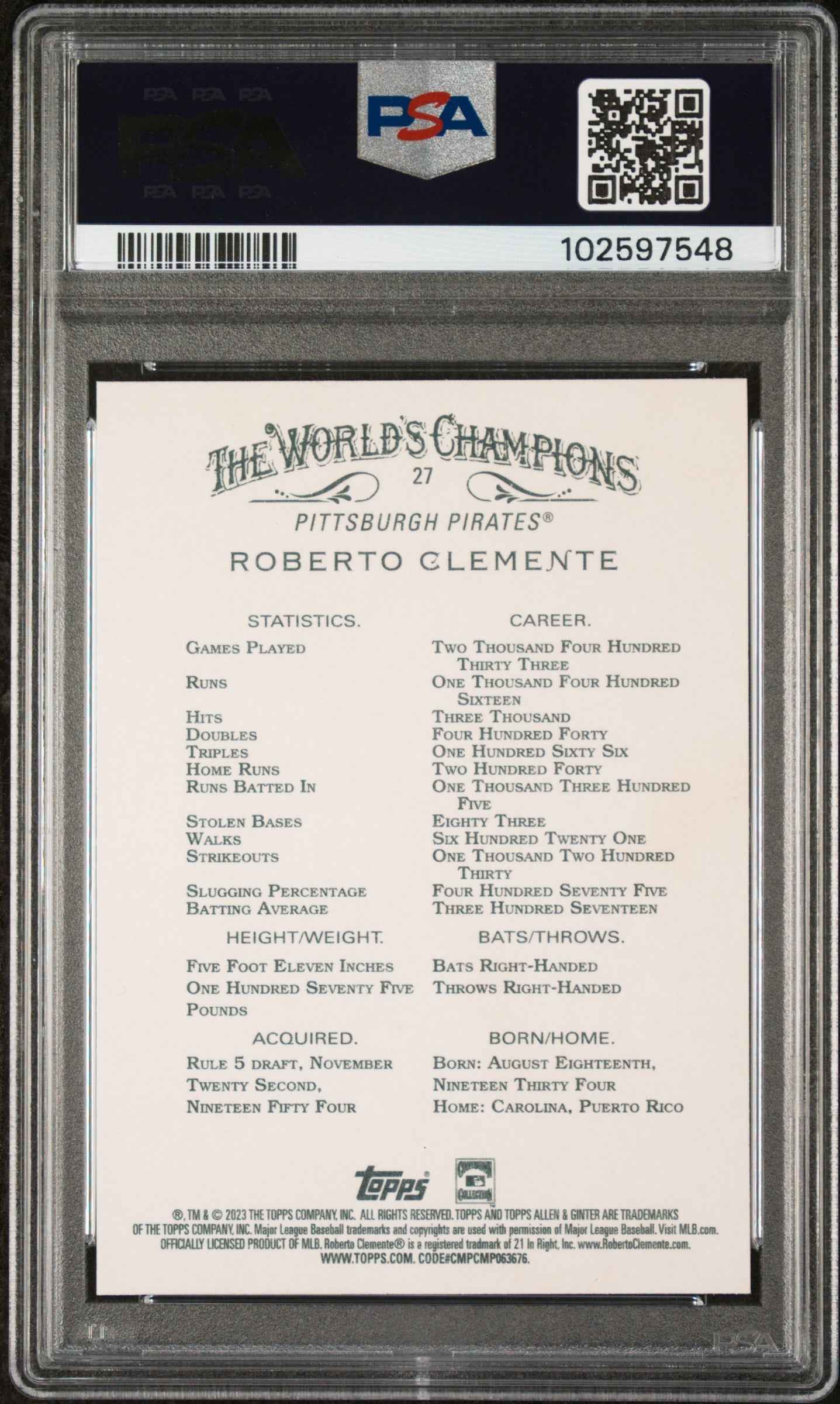 Graded 2023 Topps Allen & Ginter Roberto Clemente #27 Baseball Card PSA 9 Mint