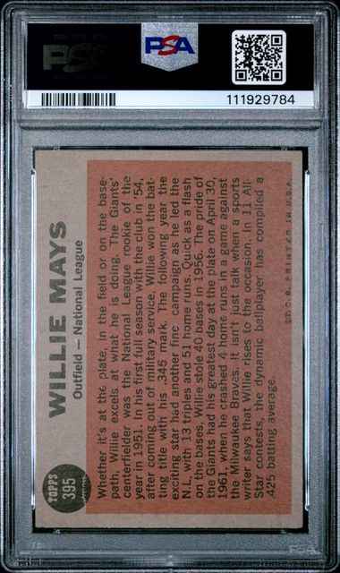 Graded 1962 Topps All Star Willie Mays #395 Baseball Card PSA 4 VG-EX