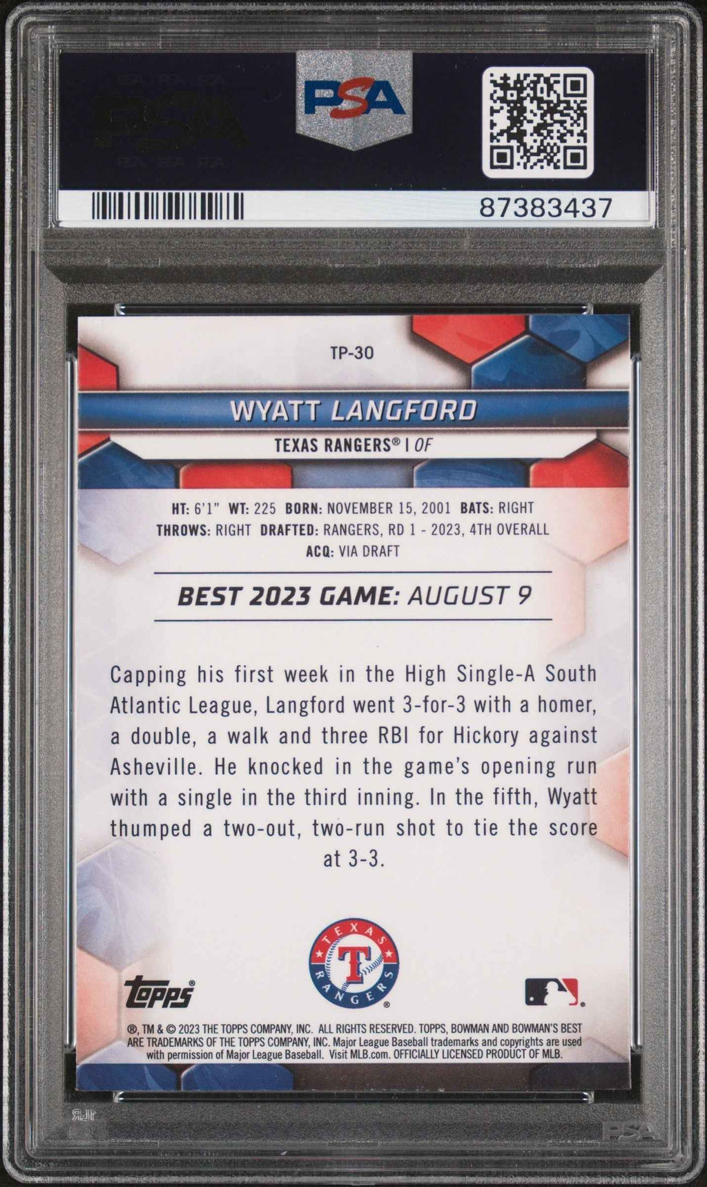 Graded 2023 Topps Bowmans Best Wyatt Langford #TP30 Top Prospects Rookie RC Baseball Card PSA 10 Gem Mint