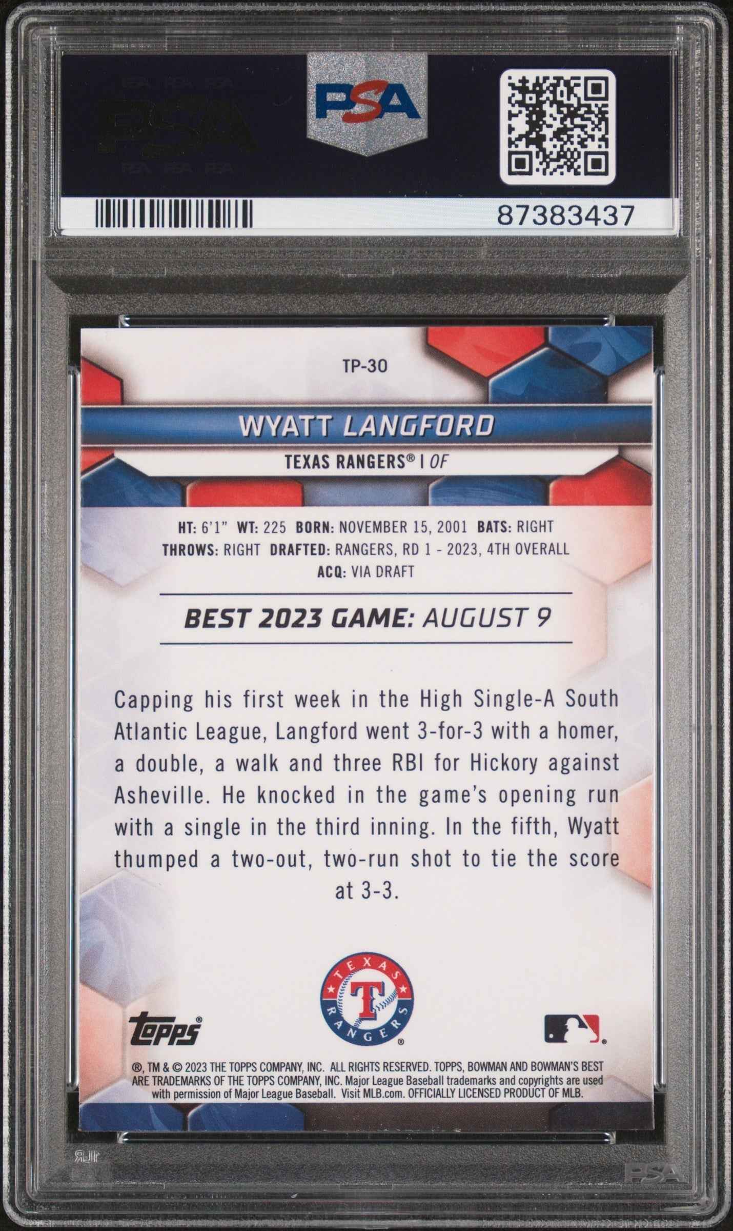 Graded 2023 Topps Bowmans Best Wyatt Langford #TP30 Top Prospects Rookie RC Baseball Card PSA 10 Gem Mint