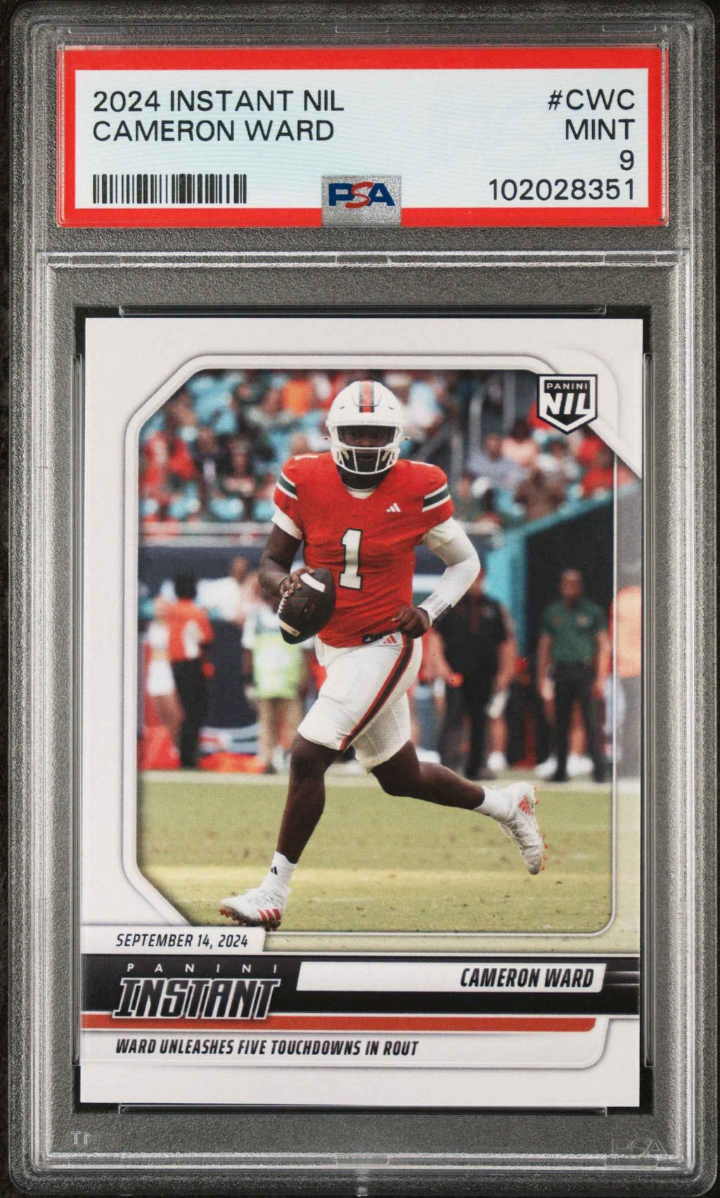 Graded 2024 Panini Instant NIL Cam Ward #CWC Rookie RC Football Card PSA 9 Mint
