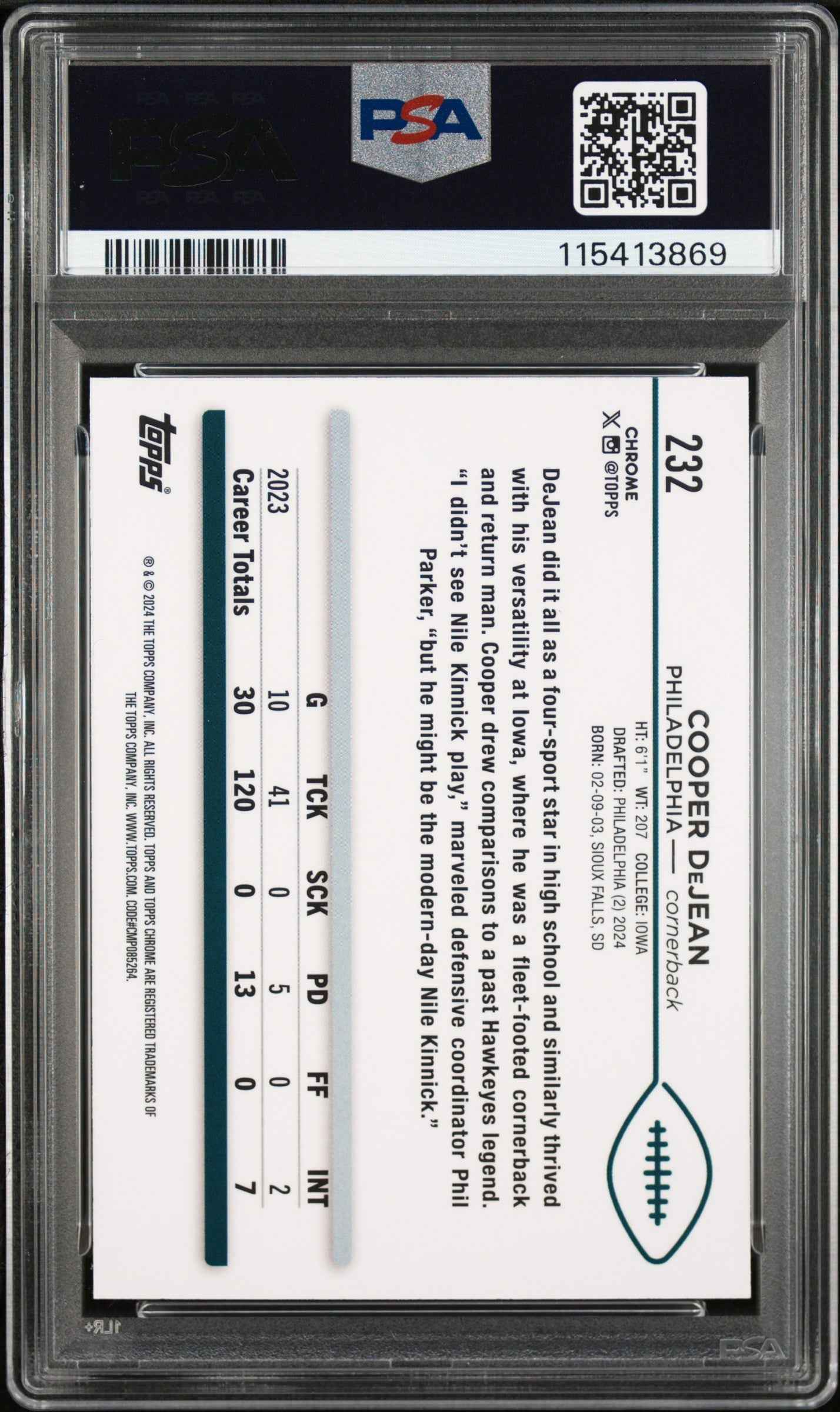 Graded 2024 Topps Chrome Cooper DeJean #232 Rookie RC Football Card PSA 9 Mint