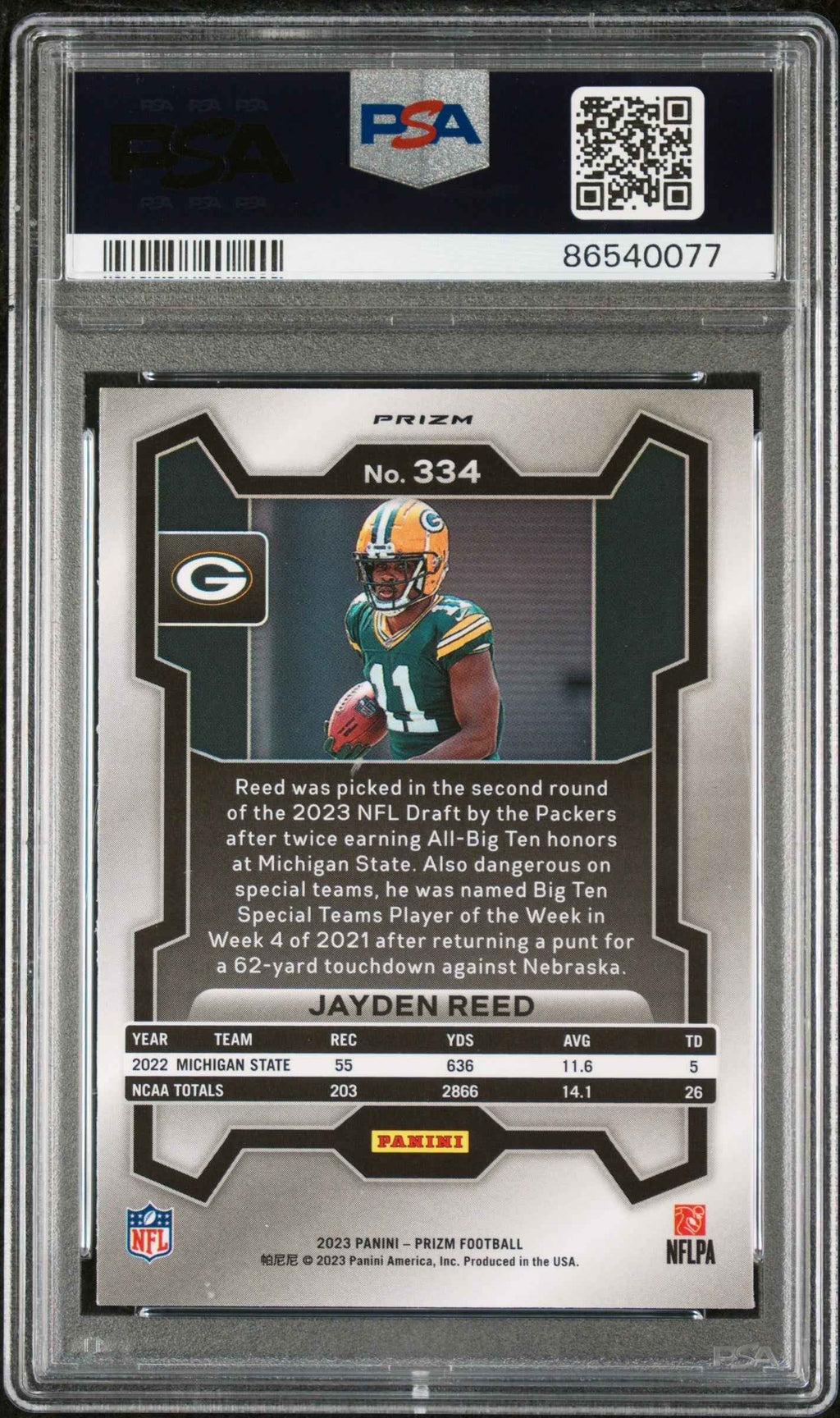 Graded 2023 Panini Prizm Jayden Reed #334 Disco Rookie RC Football Card PSA 10 Gem Mint