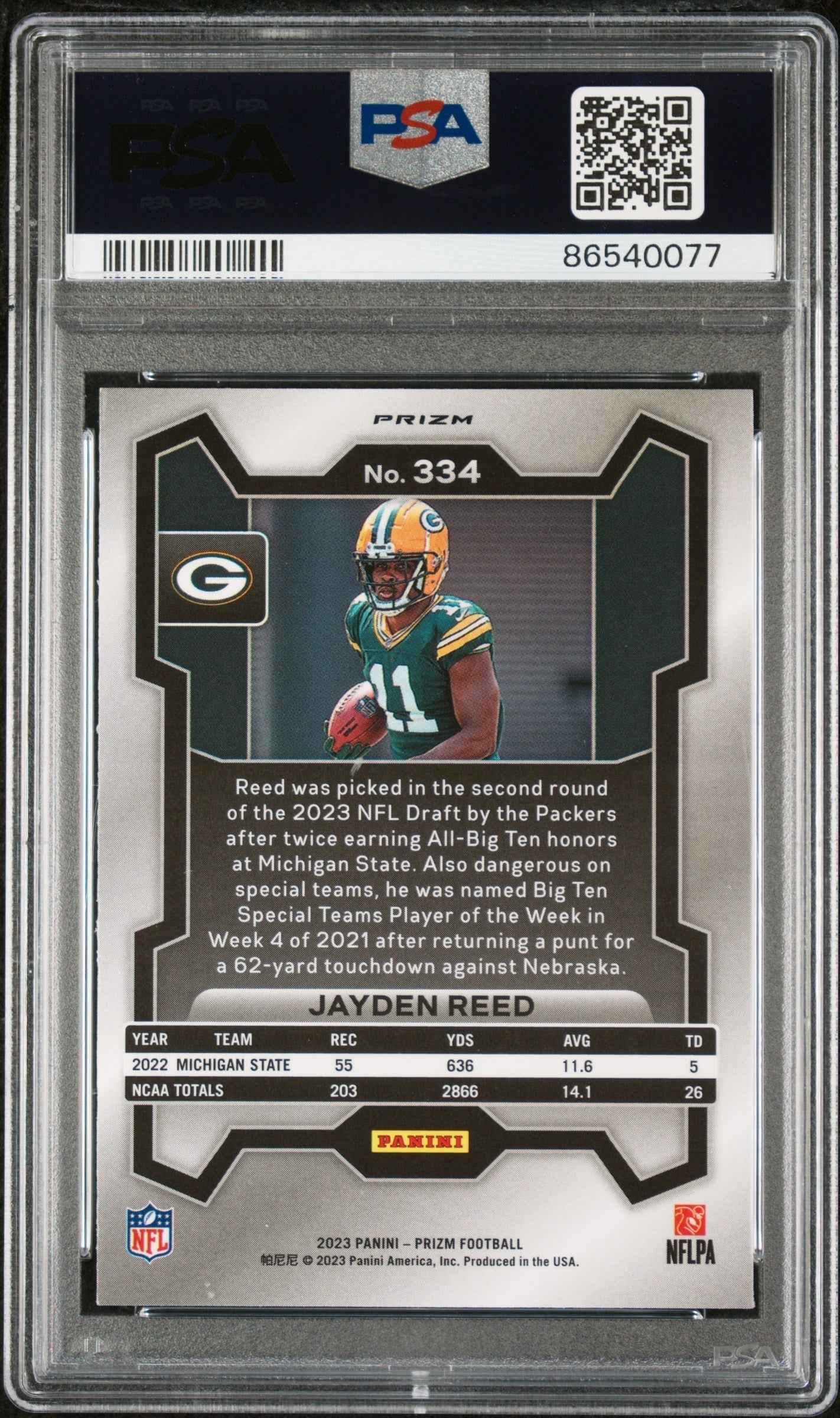 Graded 2023 Panini Prizm Jayden Reed #334 Disco Rookie RC Football Card PSA 10 Gem Mint