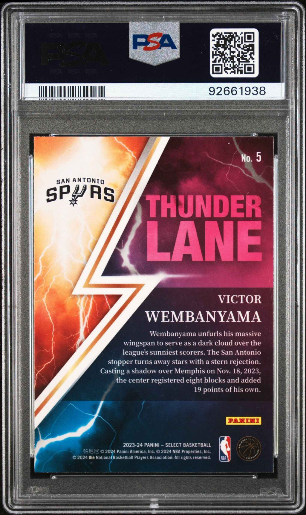 Graded 2023 Panini Select Victor Wembanyama #5 Thunder Lane Rookie RC Basketball Card PSA 10 Gem Mint