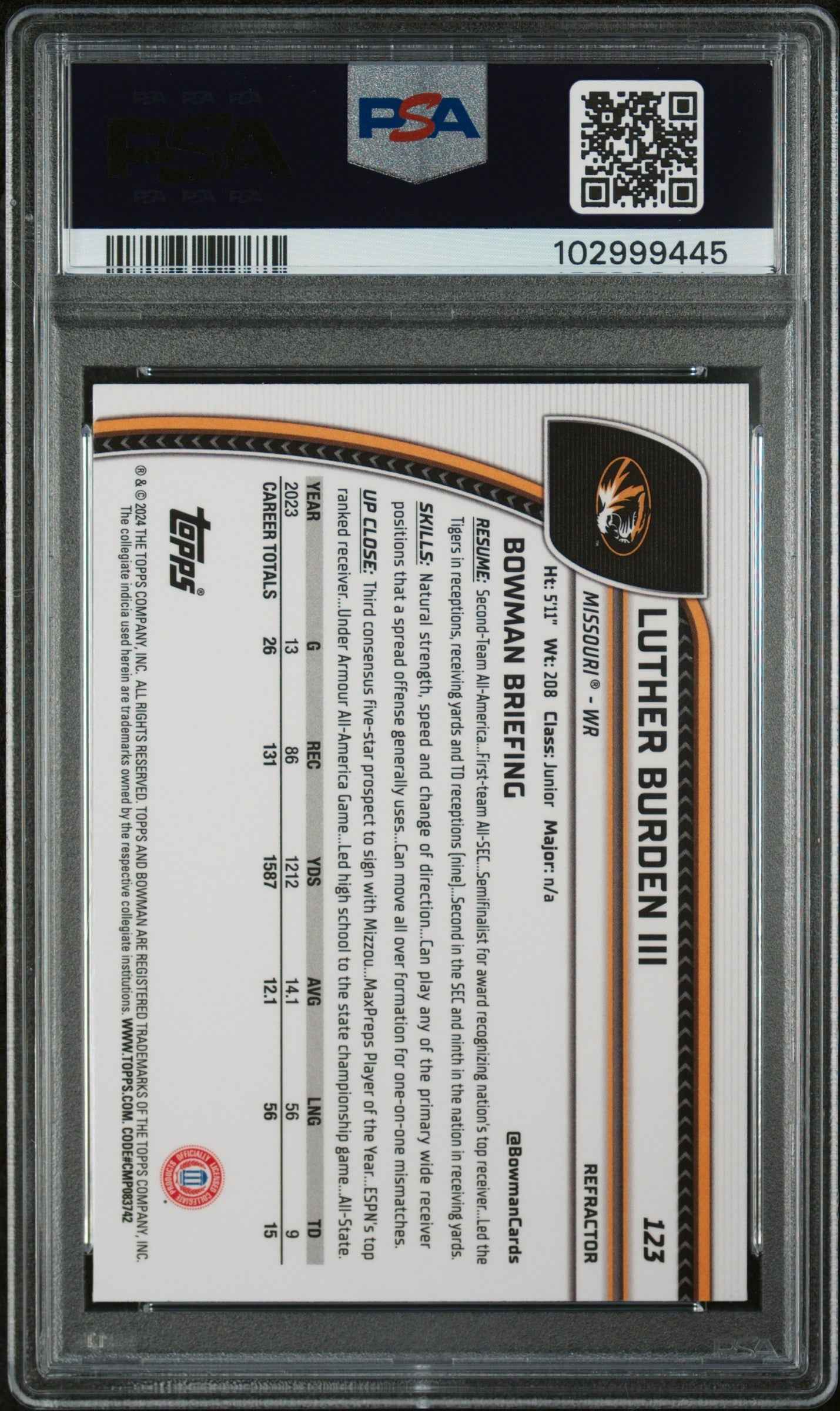 Graded 2024 Topps Bowman U Chrome Luther Burden III #123 Refractor Rookie RC Football Card PSA 10 Gem Mint