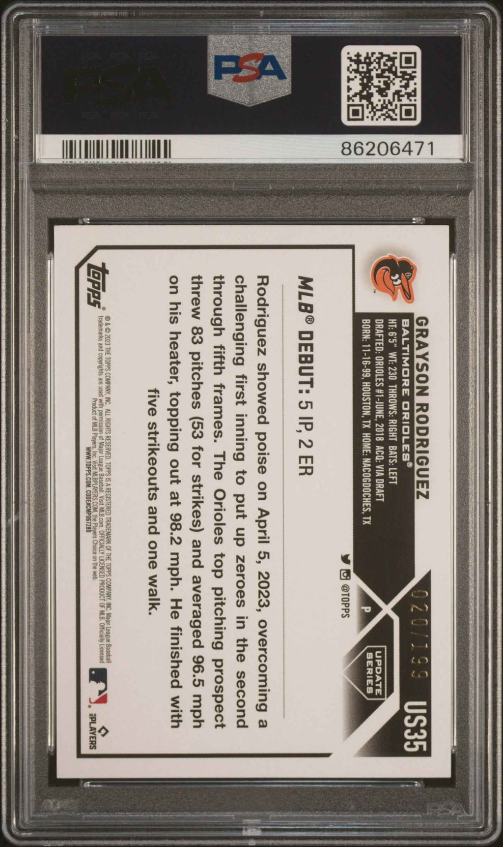 Graded 2023 Topps Update Grayson Rodriguez #US35 Red Foil #/199 Rookie RC Baseball Card PSA 10 Gem Mint