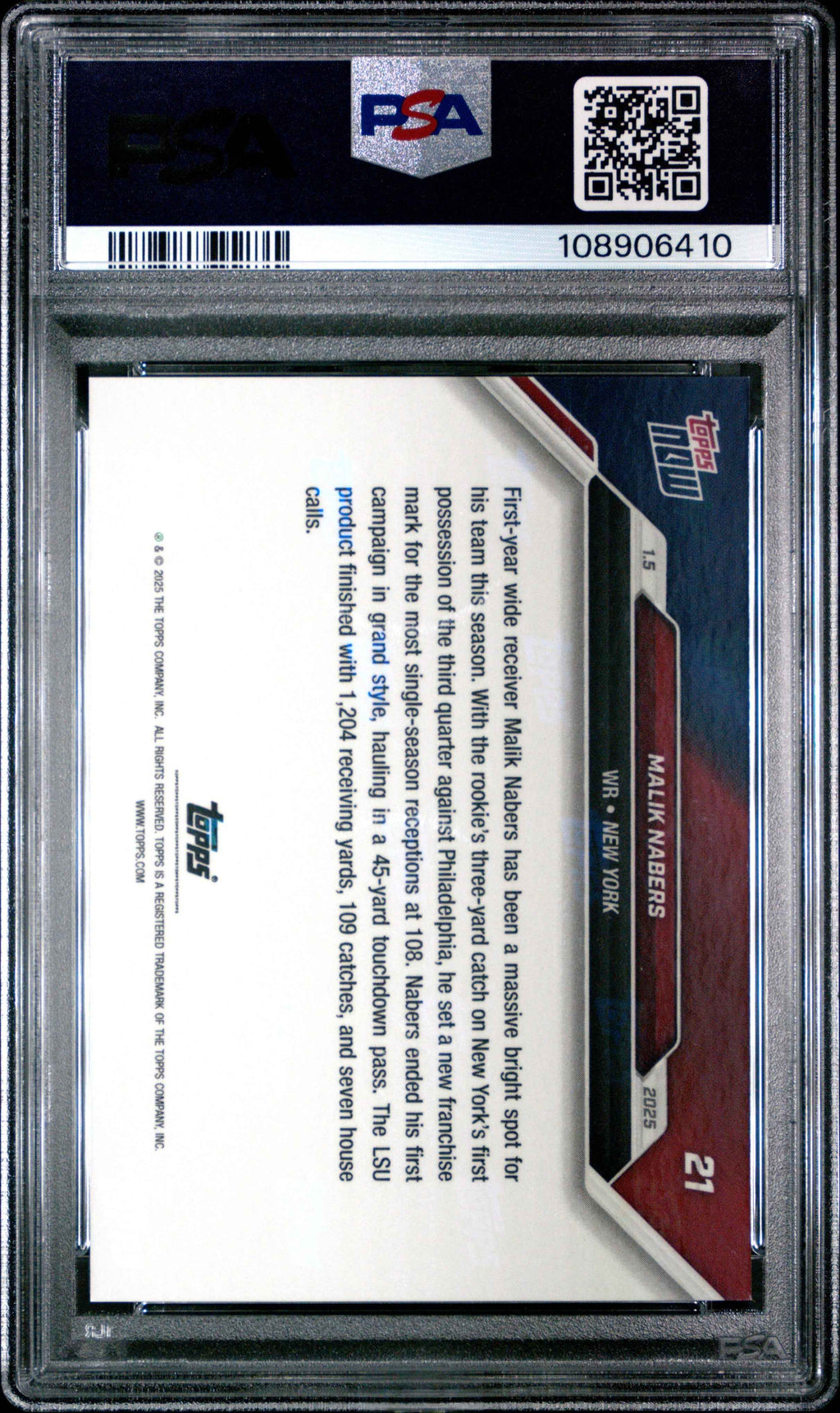 Graded 2024 Topps Now Malik Nabers #21 Rookie RC Football Card PSA 9 Mint
