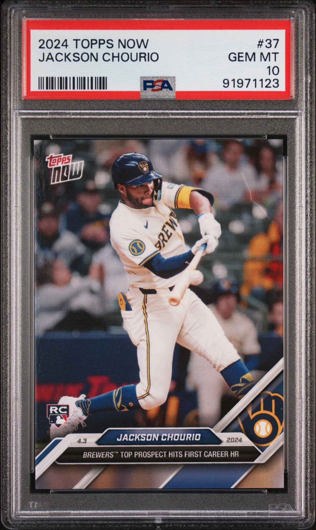 Graded 2024 Topps Now Jackson Chourio #37 First Career HR Rookie RC Baseball Card PSA 10 Gem Mint