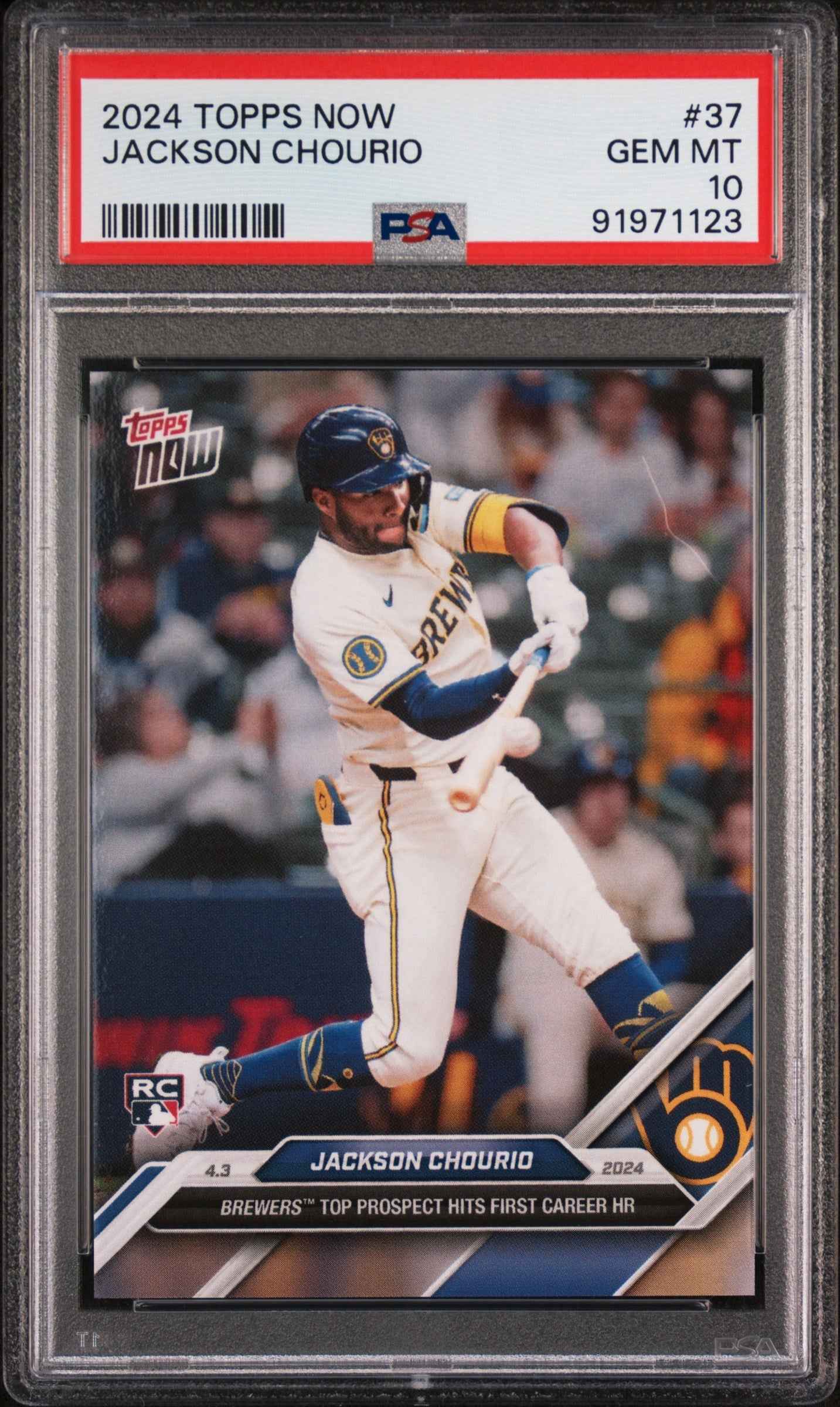Graded 2024 Topps Now Jackson Chourio #37 First Career HR Rookie RC Baseball Card PSA 10 Gem Mint