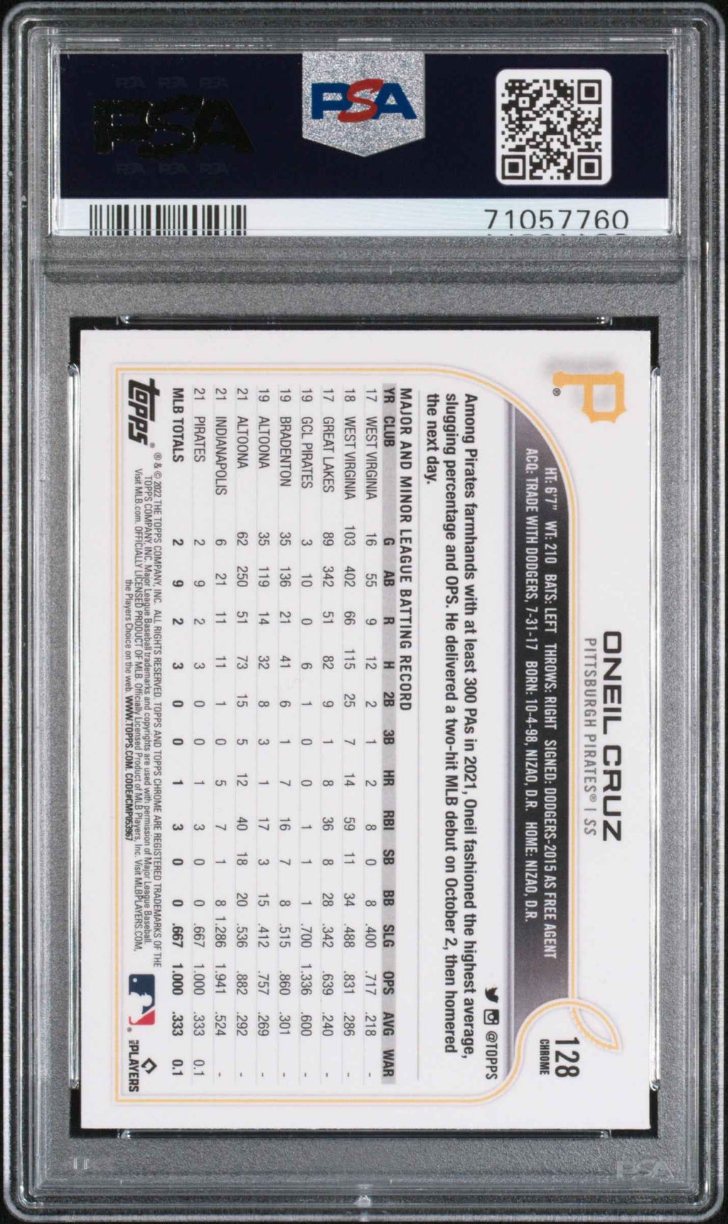 Graded 2022 Topps Chrome Oneil Cruz #128 Rookie RC Baseball Card PSA 10 Gem Mint