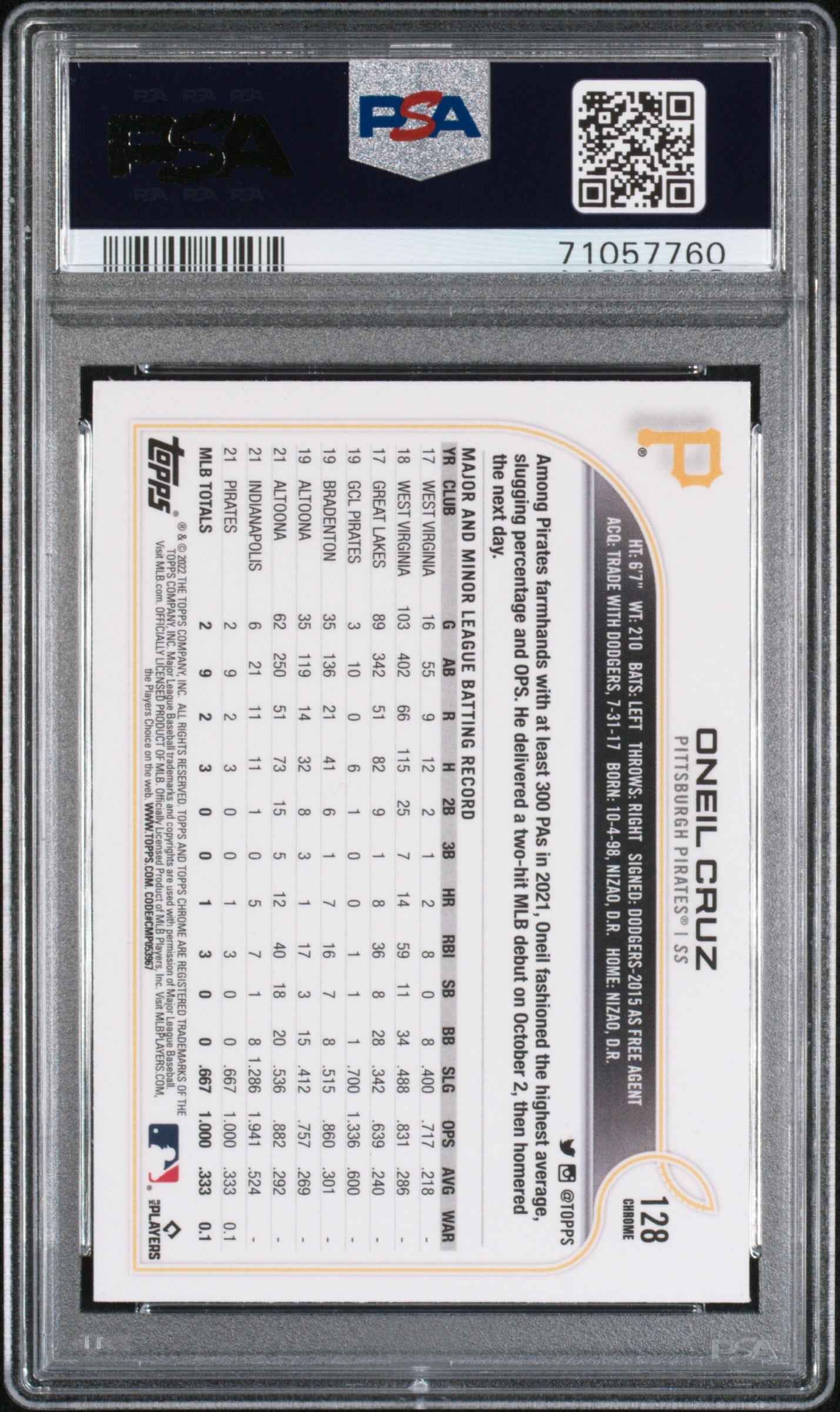 Graded 2022 Topps Chrome Oneil Cruz #128 Rookie RC Baseball Card PSA 10 Gem Mint