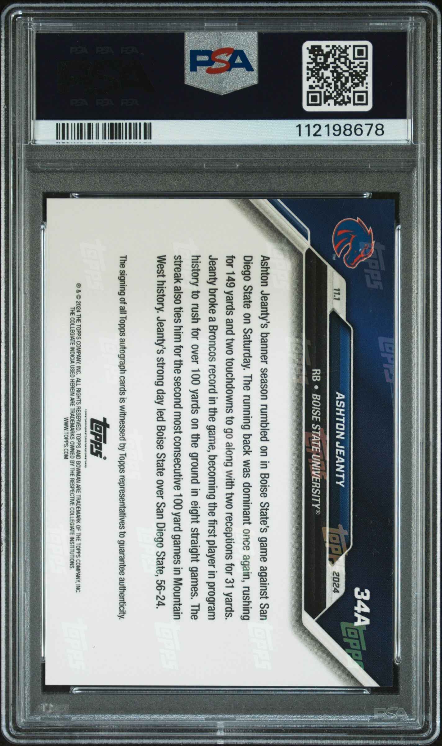 Graded 2024 Topps Bowman U Now Ashton Jeanty #34A Autograph Orange /5 Rookie RC Football Card PSA 10 Gem Mint Auto Grade PSA 10 Gem Mint