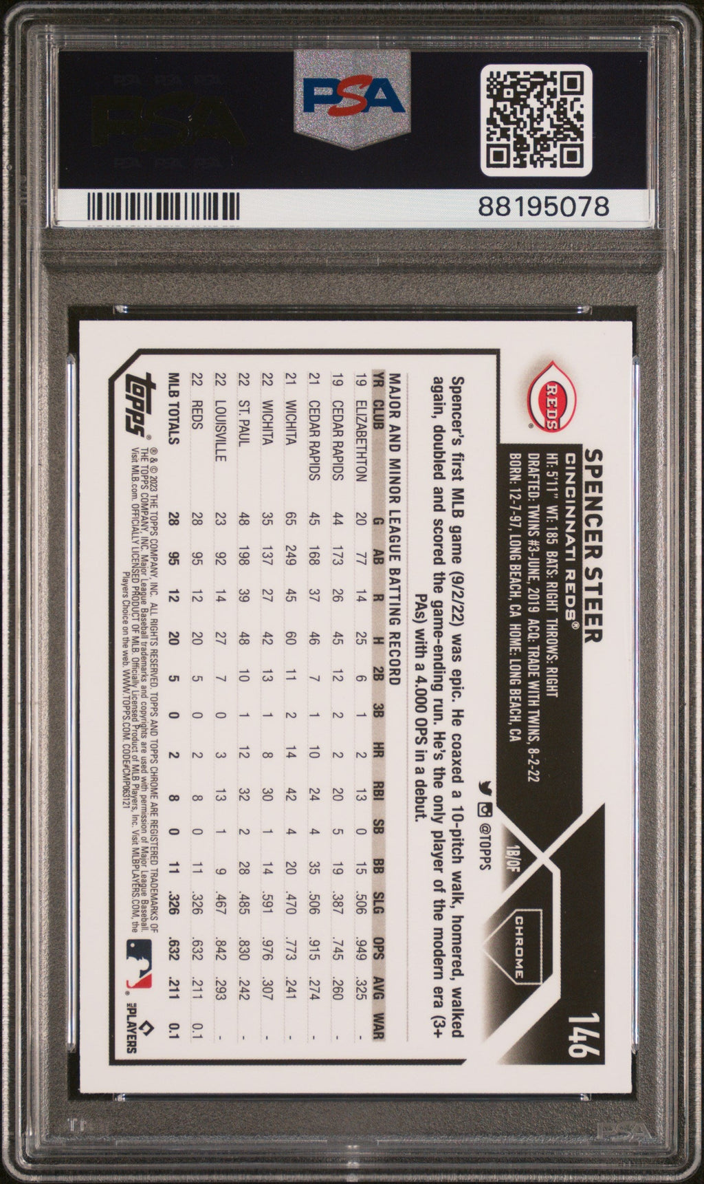 Graded 2023 Topps Chrome Spencer Steer #146 XFractor Rookie RC Baseball Card PSA 10 Gem Mint