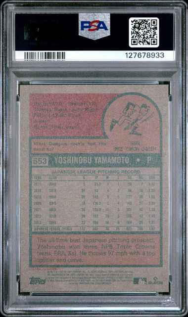 Graded 2024 Topps Heritage Yoshinobu Yamamoto #553 Aqua Border Rookie RC Baseball Card PSA 9 Mint