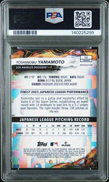 Graded 2024 Topps Finest Yoshinobu Yamamoto #50 Refractor Rookie RC Baseball Card PSA 10 Gem Mint
