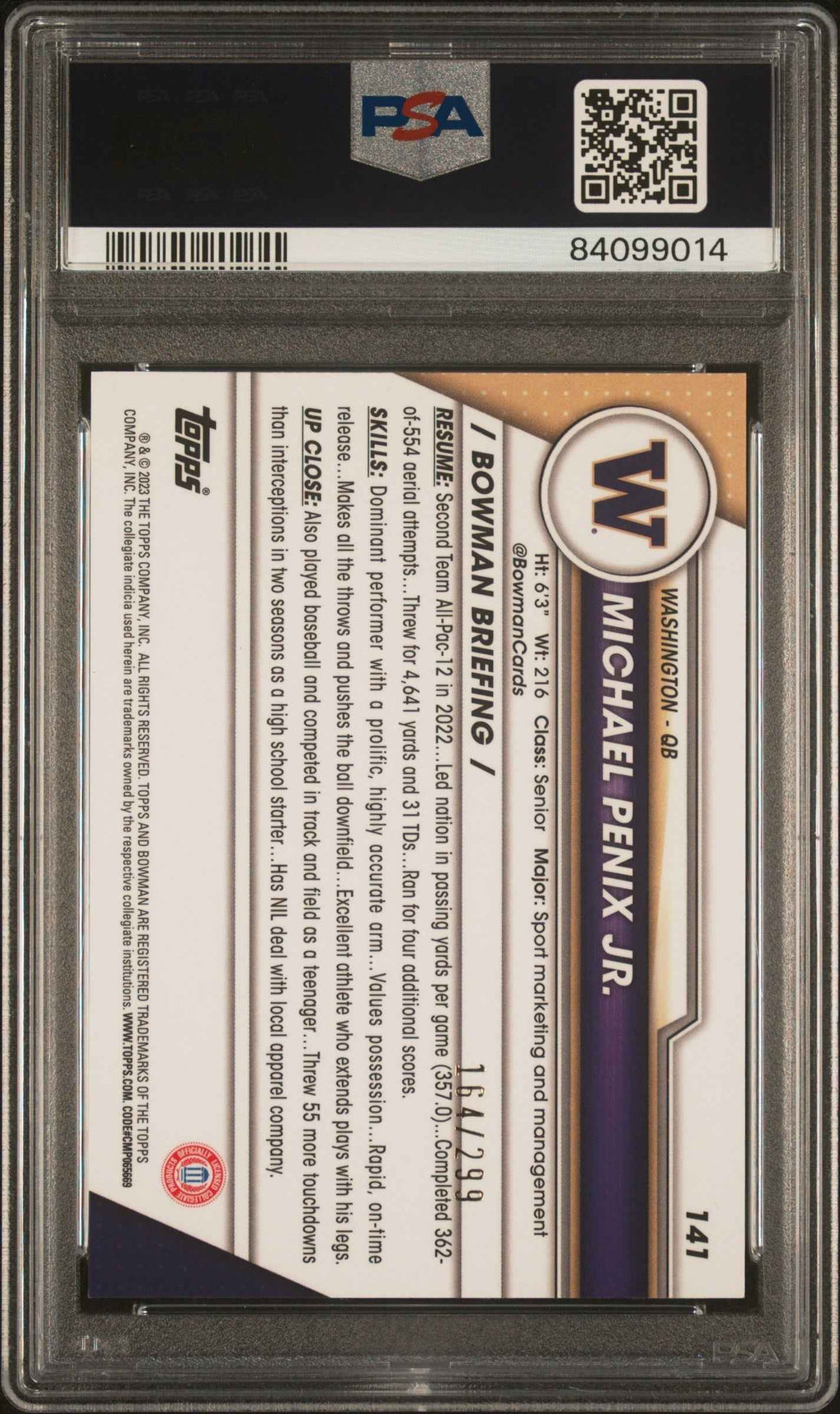 Graded 2023 Topps Bowman U Chrome Michael Penix Jr. #141 Aqua #/299 Rookie RC Football Card PSA 10 Gem Mint