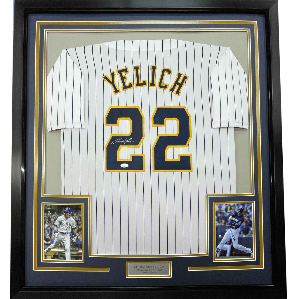 Framed Autographed/Signed Christian Yelich 35x39 Milwaukee Pinstripe Baseball Jersey JSA COA