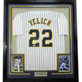 Framed Autographed/Signed Christian Yelich 35x39 Milwaukee Pinstripe Baseball Jersey JSA COA