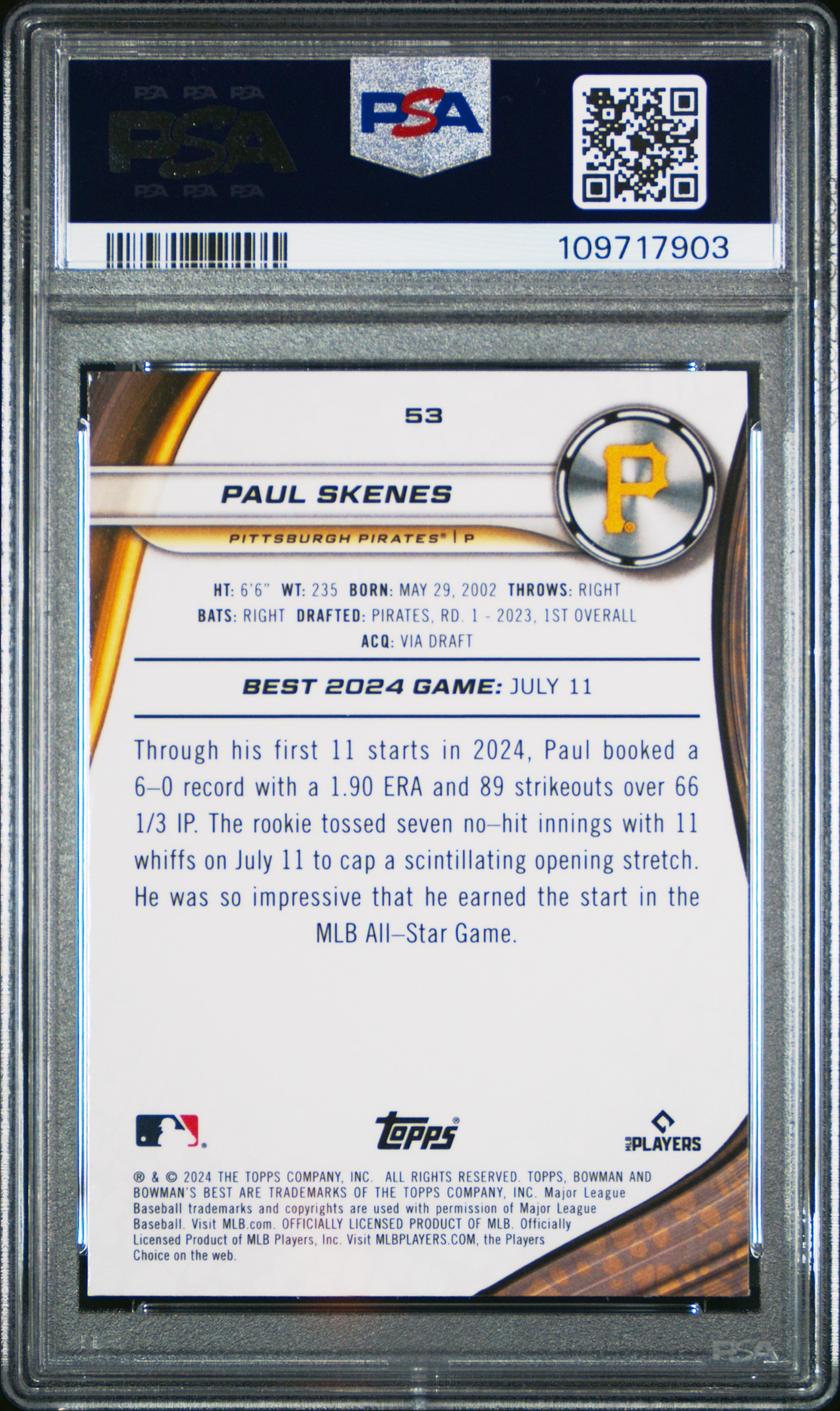 Graded 2024 Topps Bowmans Best Paul Skenes #53 Purple Mojo /250 Rookie RC Baseball Card PSA 10 Gem Mint
