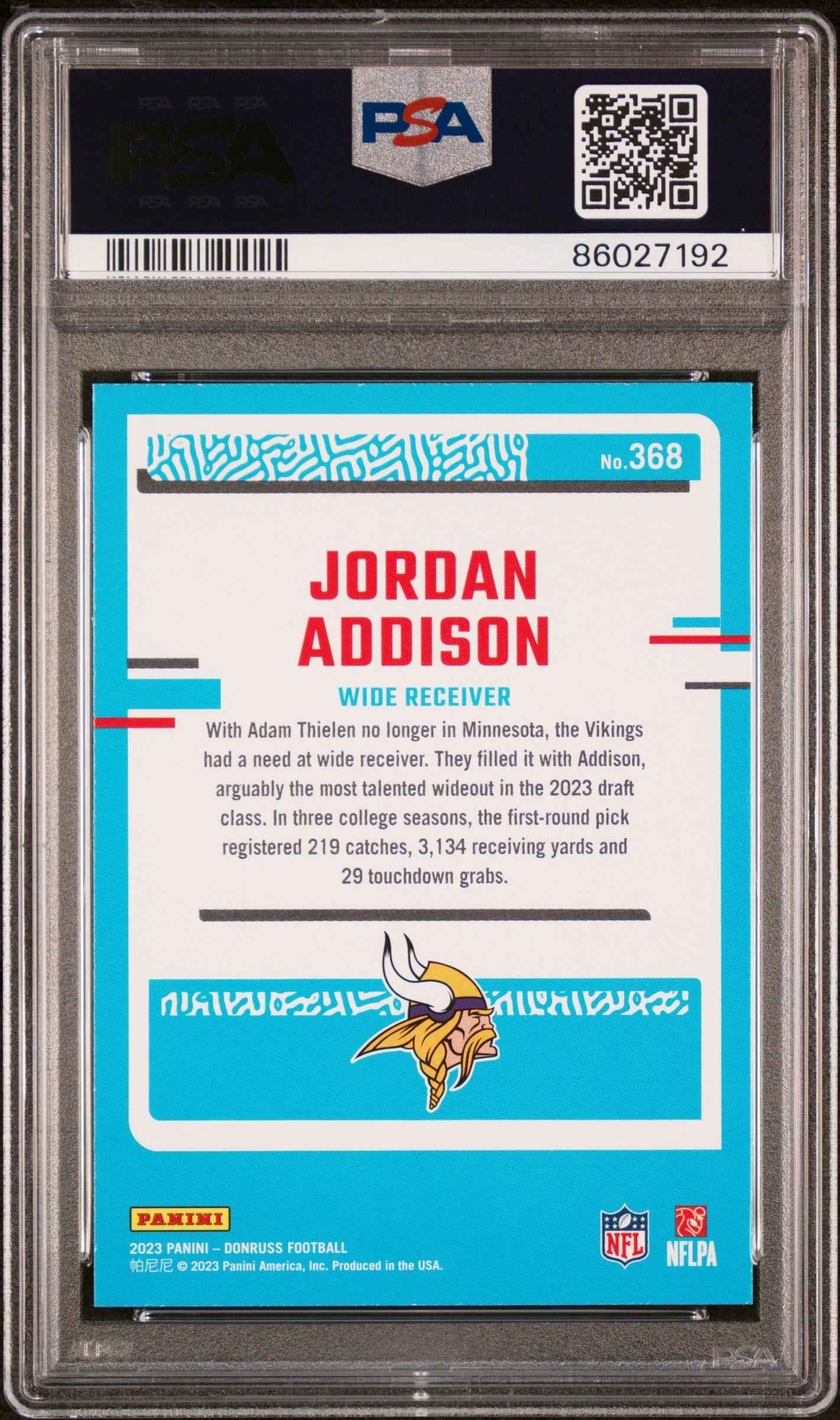 Graded 2023 Panini Donruss Jordan Addison #368 Rookie RC Football Card PSA 10 Gem Mint
