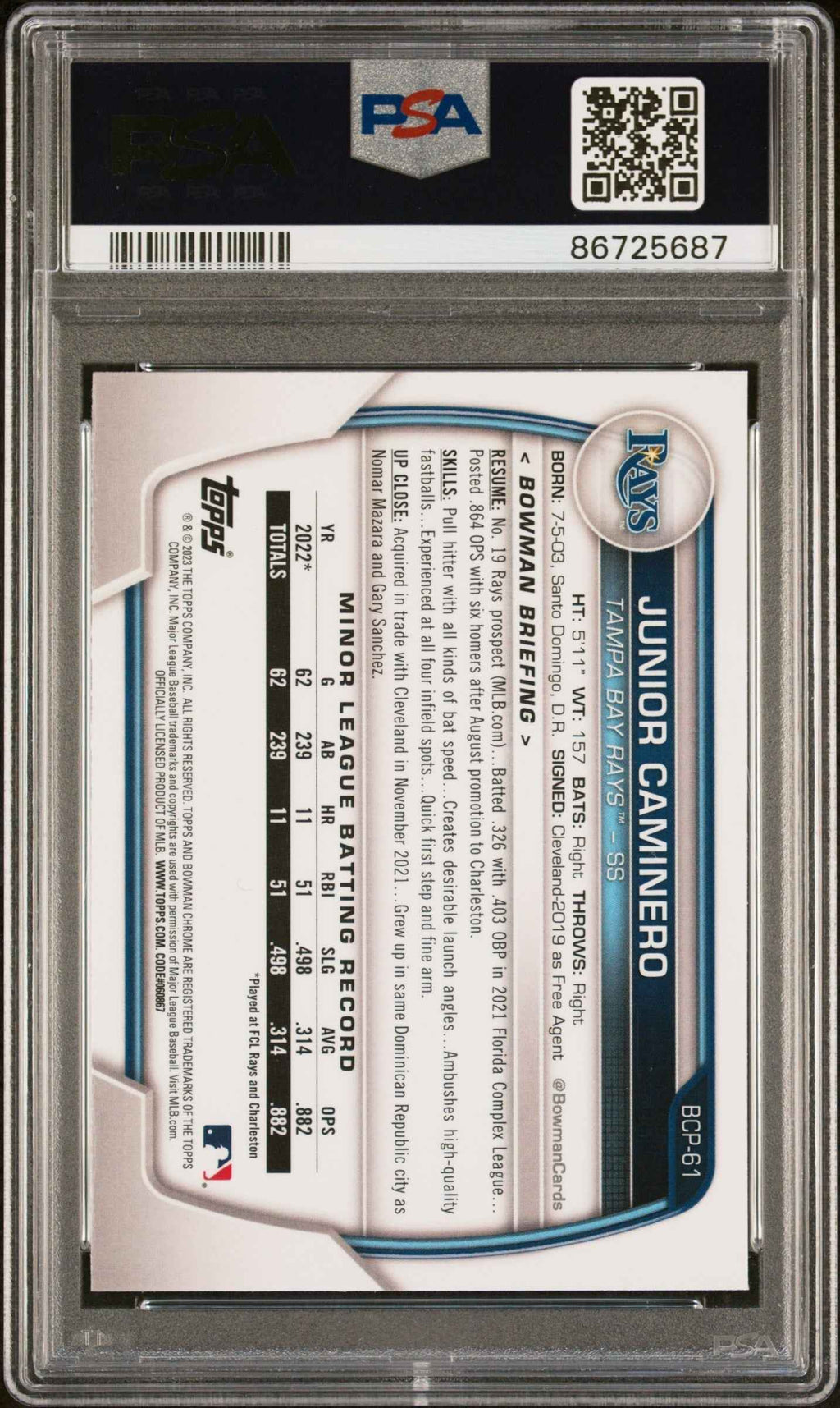 Graded 2023 Topps Bowman Chrome M/B Junior Caminero #61 Chrome Rookie RC Baseball Card PSA 10 Gem Mint