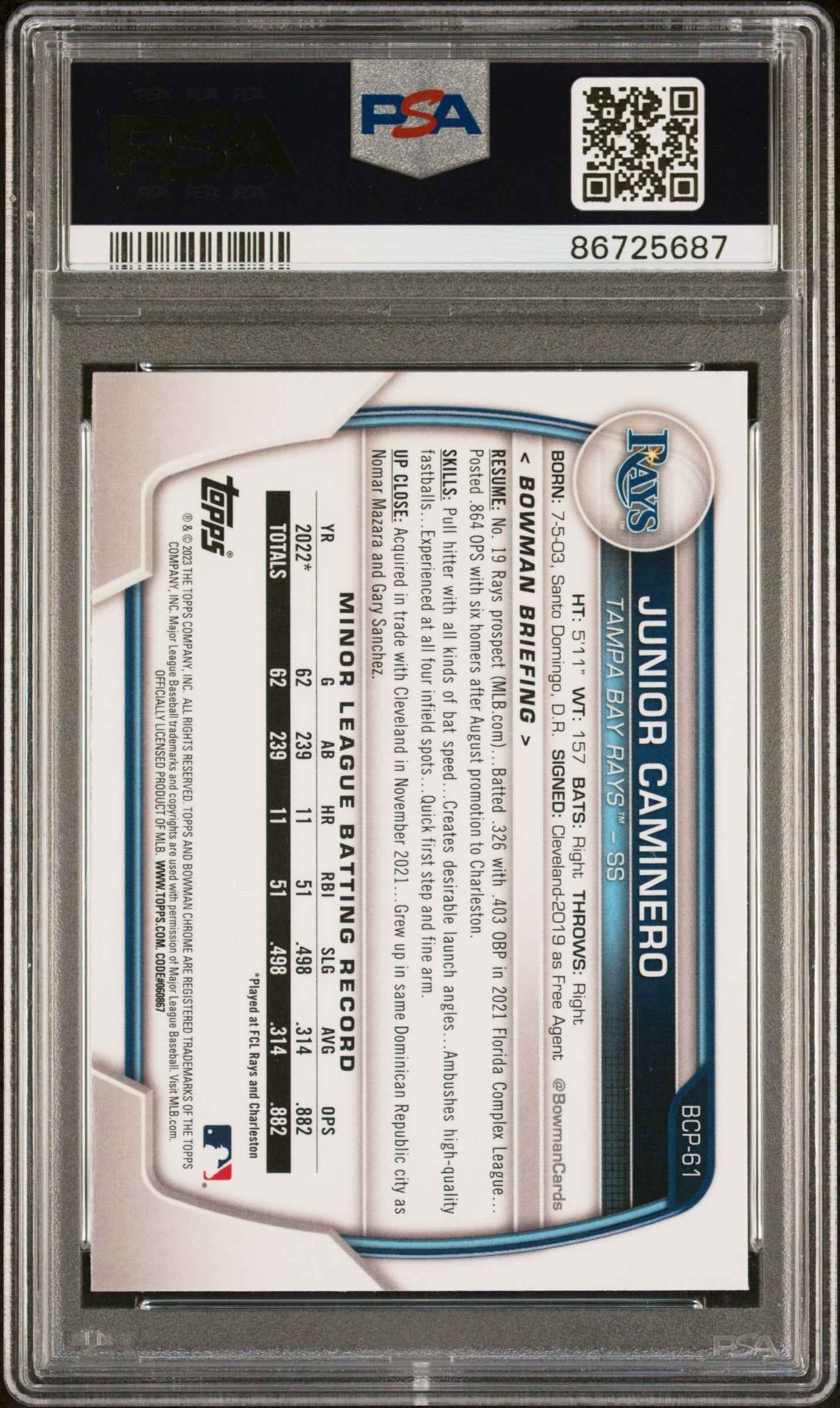 Graded 2023 Topps Bowman Chrome M/B Junior Caminero #61 Chrome Rookie RC Baseball Card PSA 10 Gem Mint