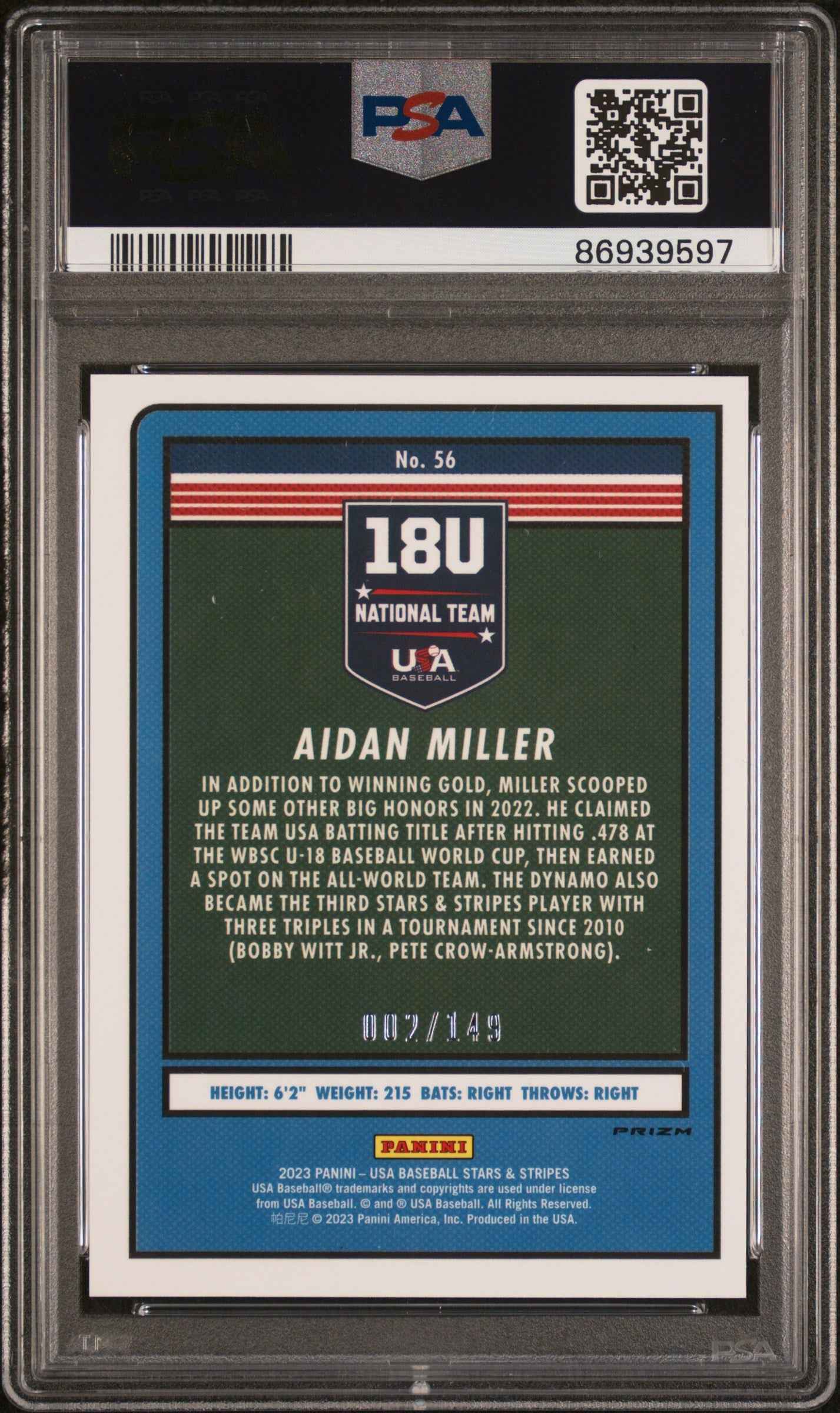 Graded 2023 Panini Stars & Stripes USA Aidan Miller #56 Red /149 Rookie RC Baseball Card PSA 10 Gem Mint