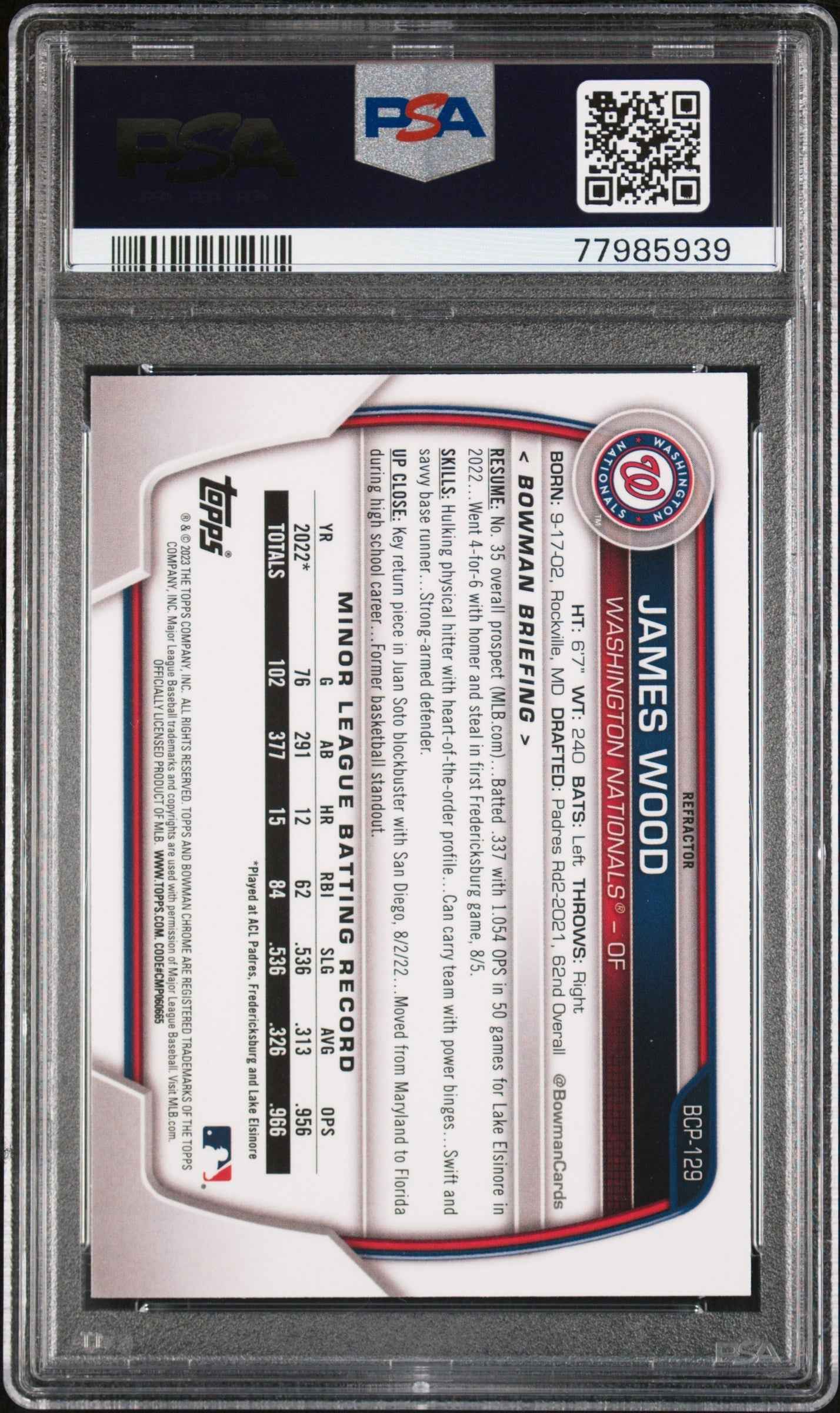 Graded 2023 Topps Bowman James Wood #BCP129 Chrome Prospects Lunar Glow Refractor Rookie RC Baseball Card PSA 10 Gem Mint
